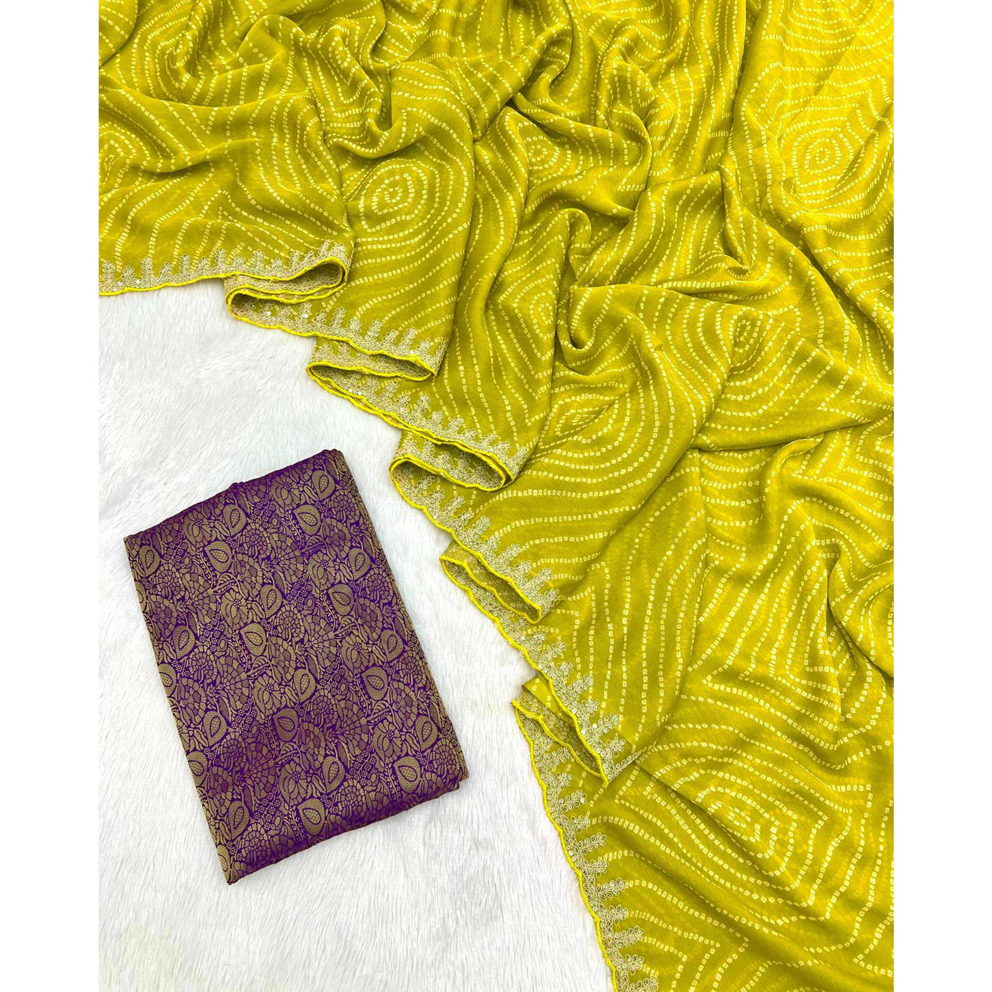 Green Bandhani Printed Chiffon Saree With Sequins Embroidered Border