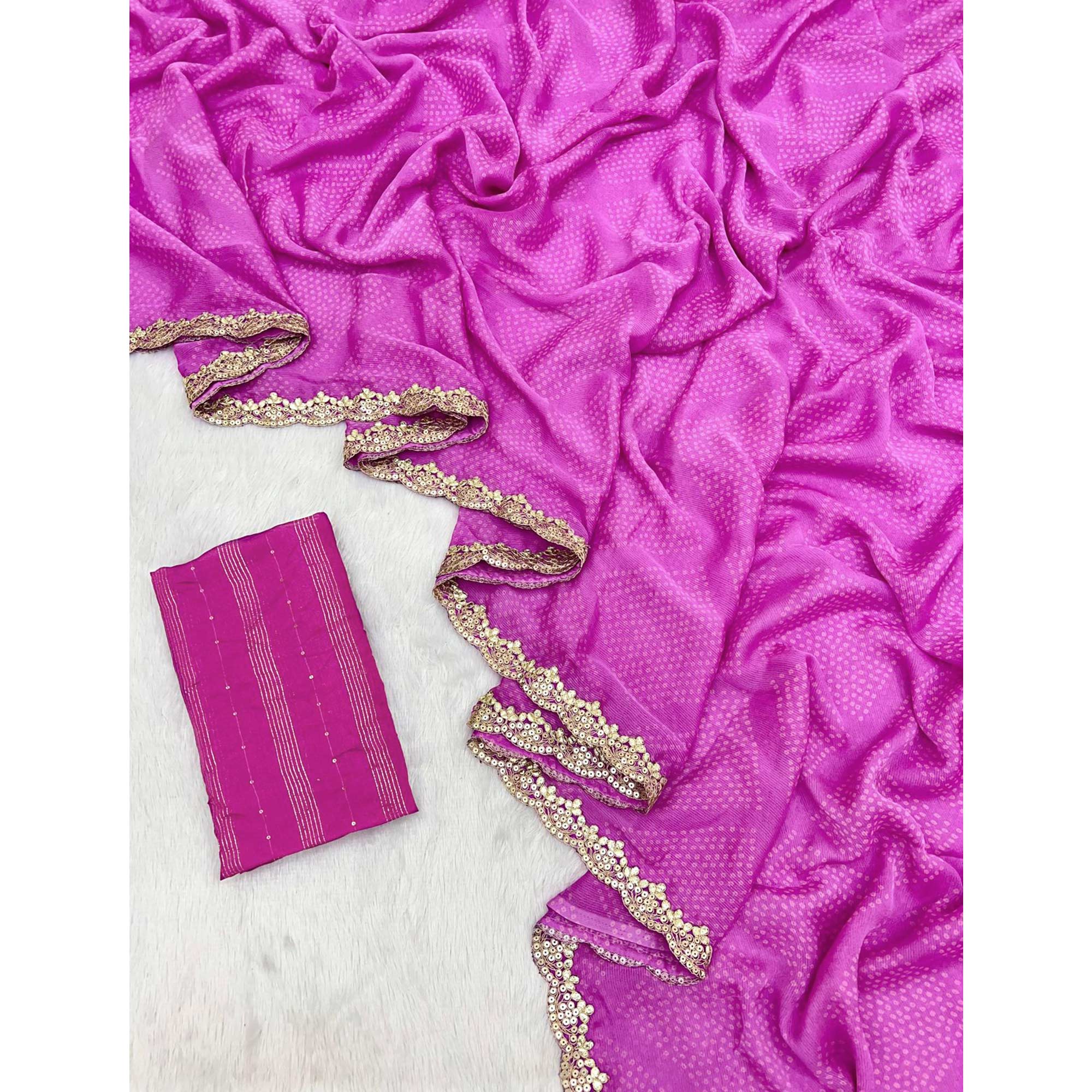 Purple Bandhani Printed Chiffon Saree With Sequins Embroidered Border