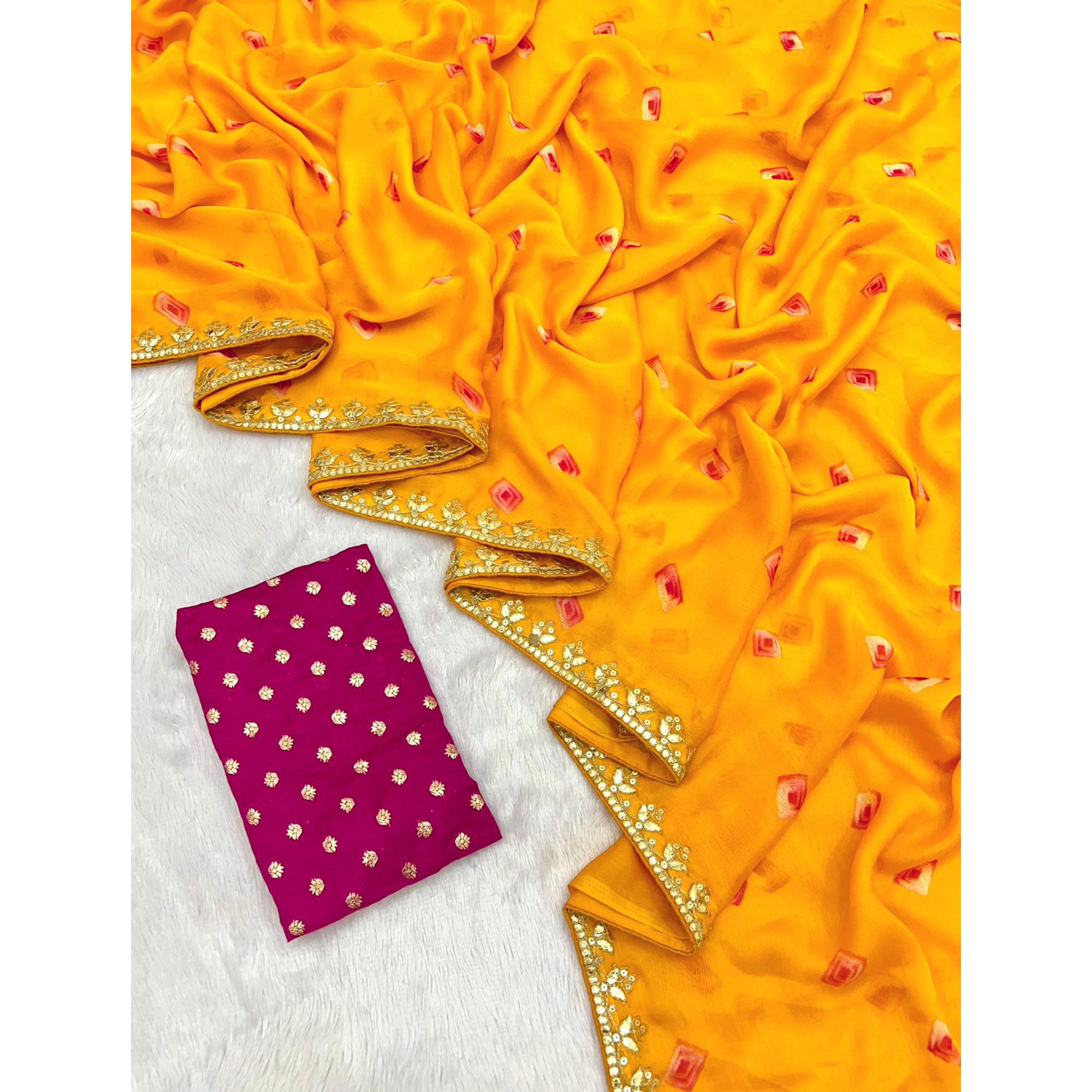 Yellow Bandhani Printed Chiffon Saree With Sequins Embroidered Border