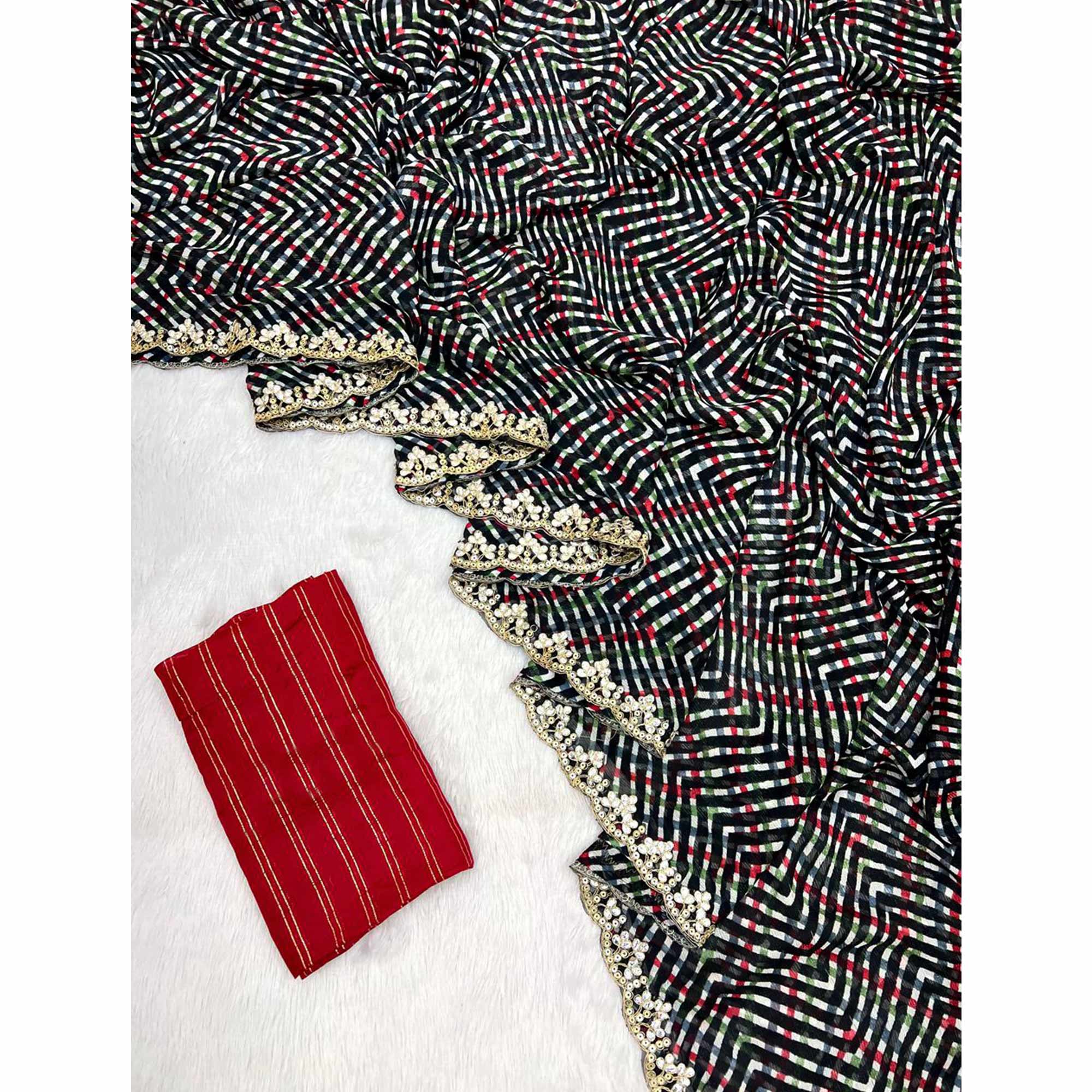 Black Zig Zag Printed Chiffon Saree With Sequins Embroidered Border