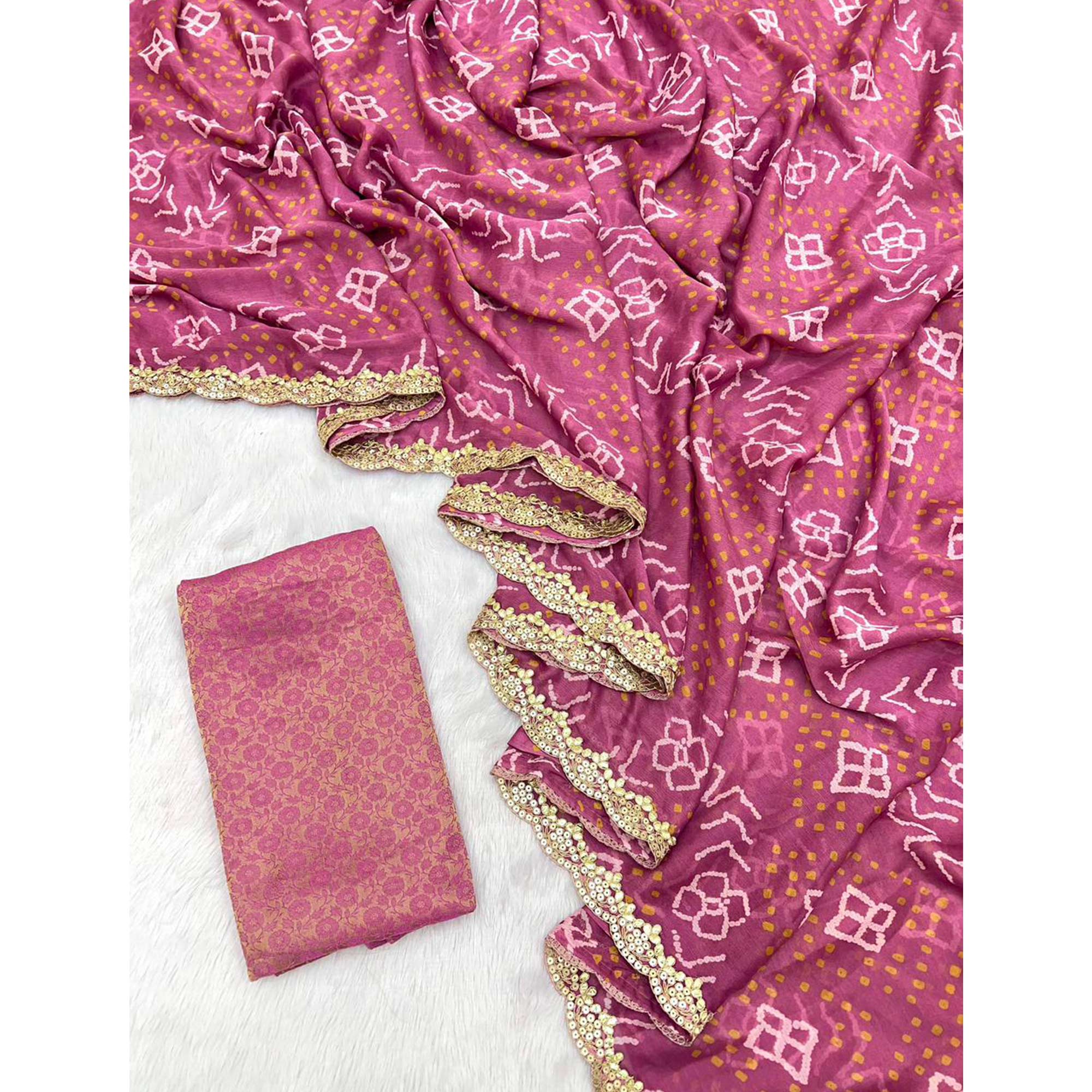 Purple Bandhani Printed Chiffon Saree With Sequins Embroidered Border