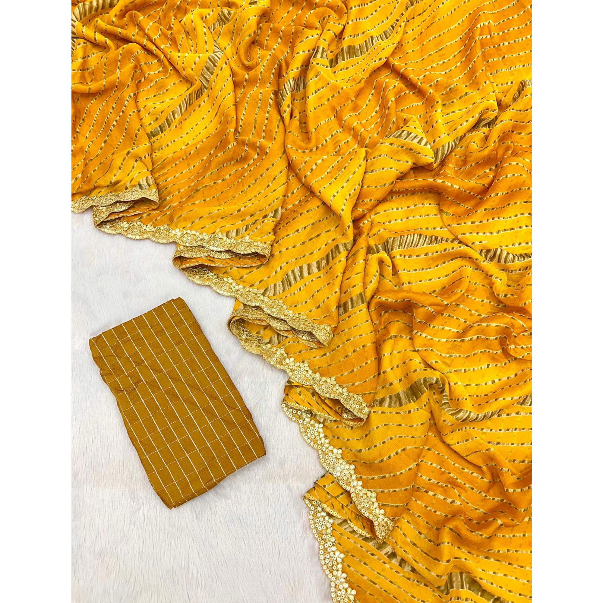 Mustard Striped Printed Chiffon Saree With Sequins Embroidered Border
