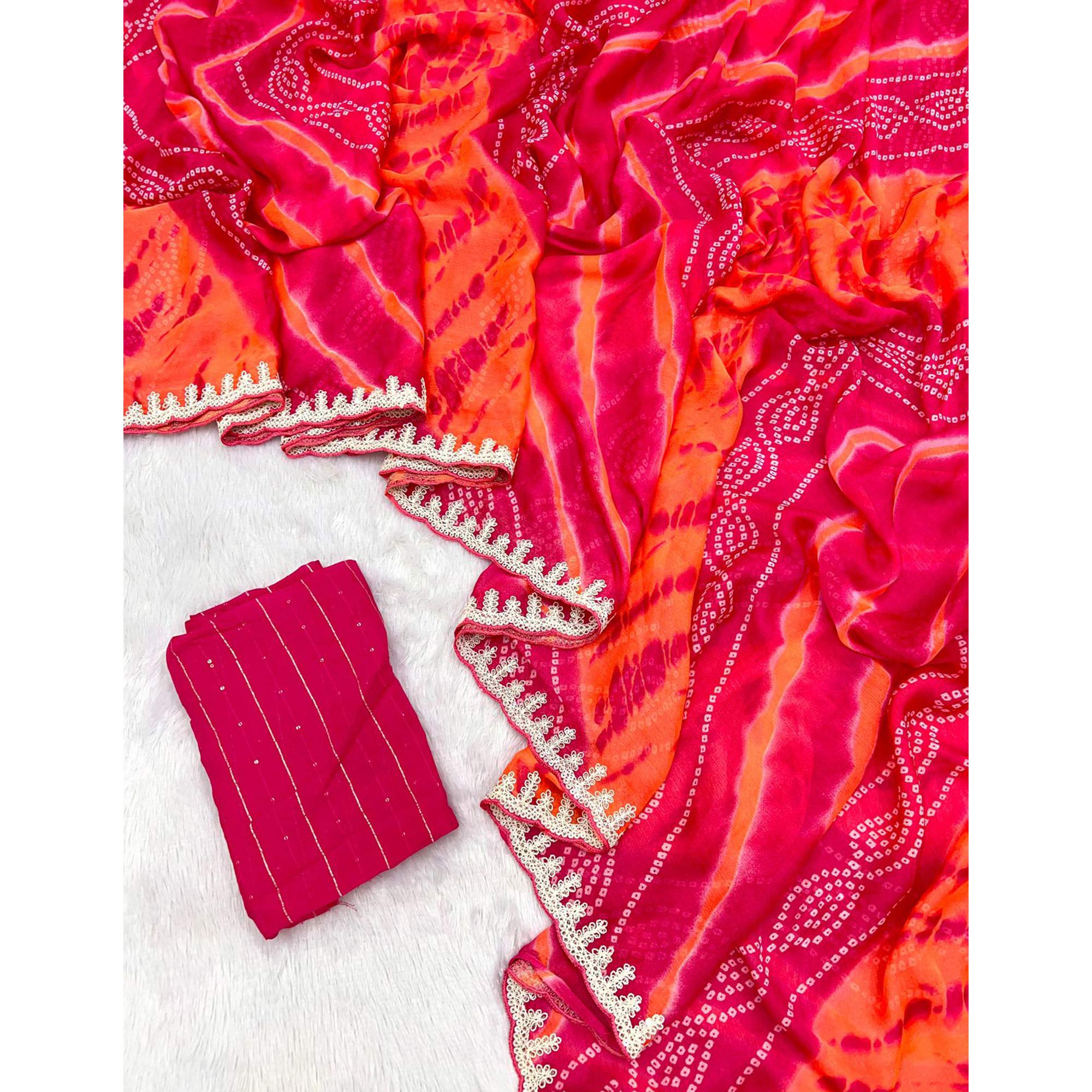 Pink Leheriya Printed Chiffon Saree With Sequins Embroidered Border