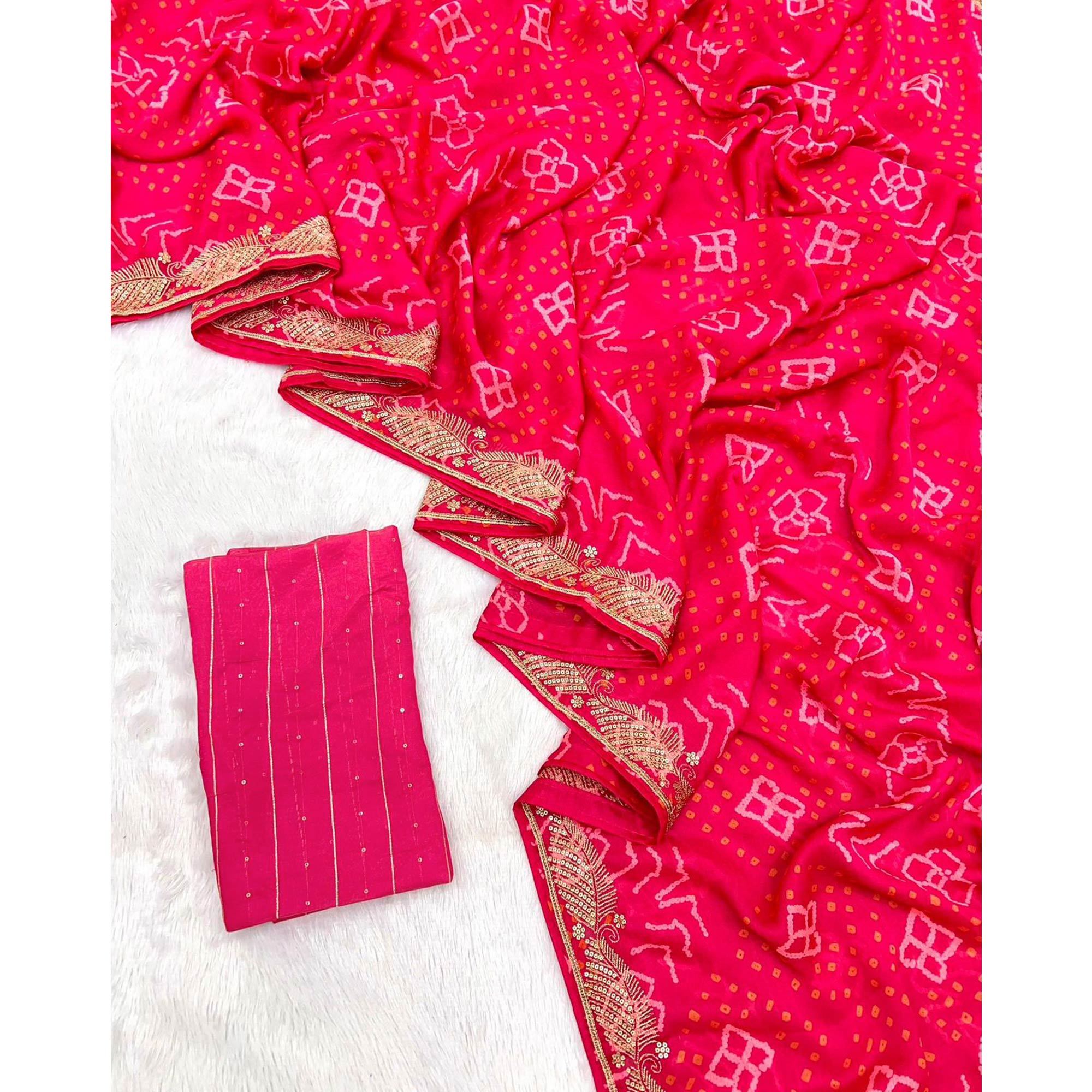 Pink Bandhani Printed Chiffon Saree With Sequins Embroidered Border