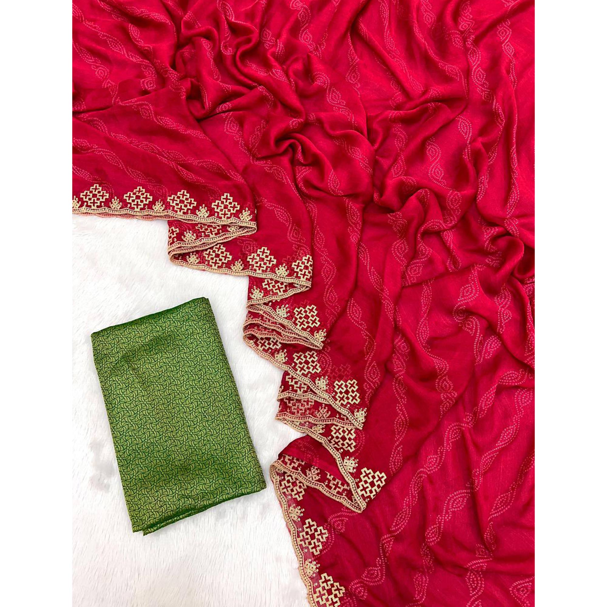 Pink Bandhani Printed Chiffon Saree With Sequins Embroidered Border