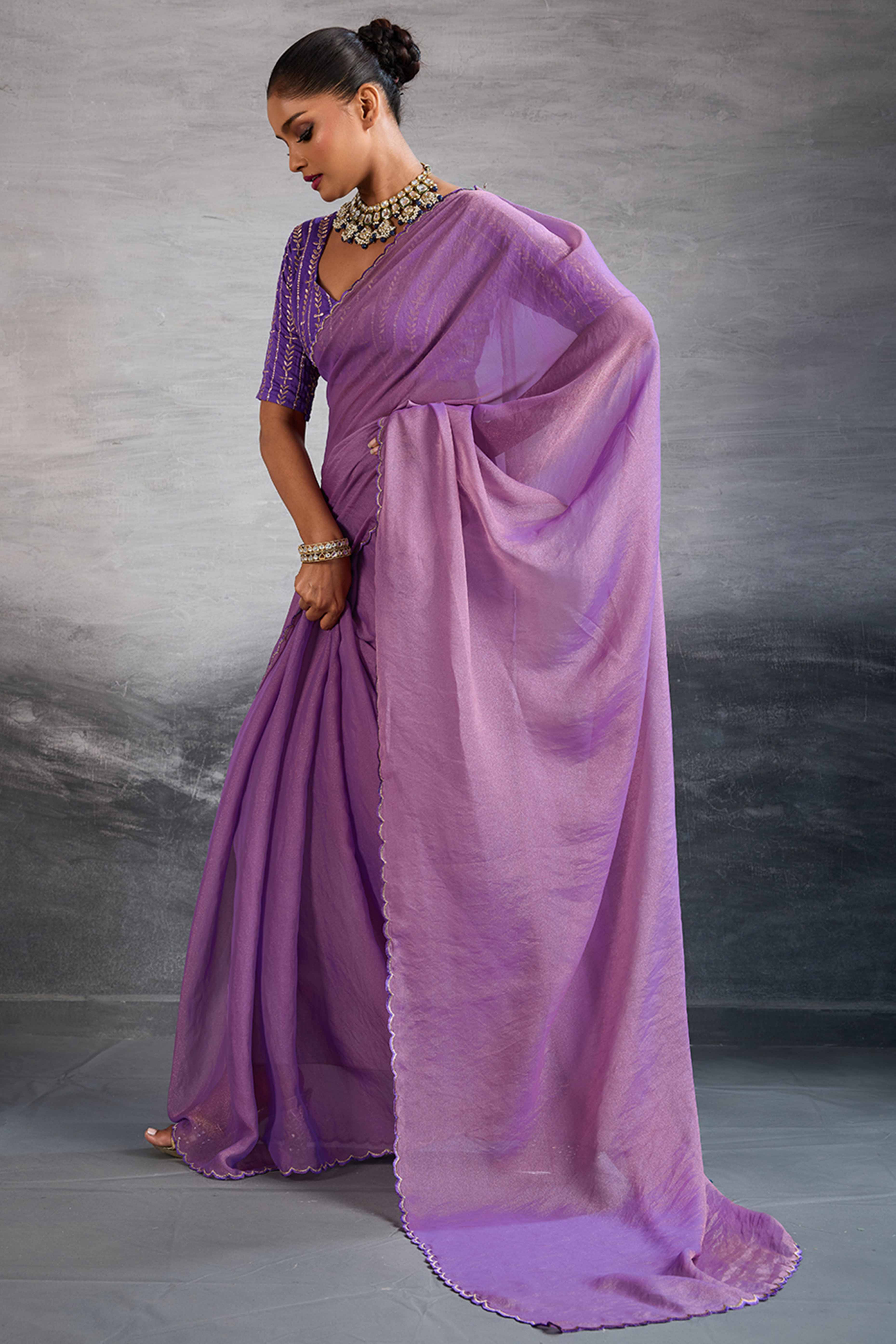 Lavender Solid Organza Jimmy Choo Saree Accentuated With Elegant Cutwork Border Detailing
