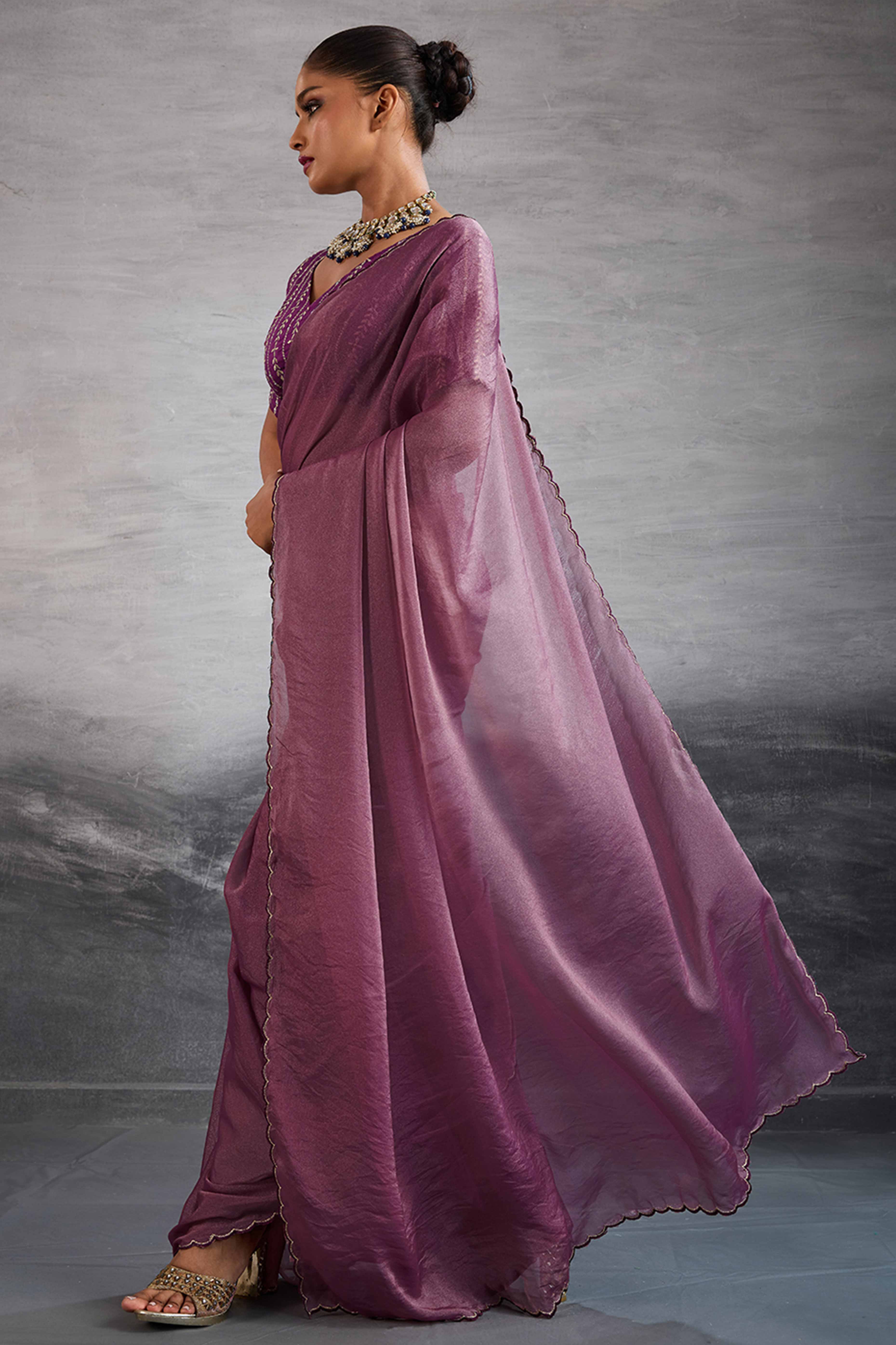 Wine Solid Organza Jimmy Choo Saree Accentuated With Elegant Cutwork Border Detailing