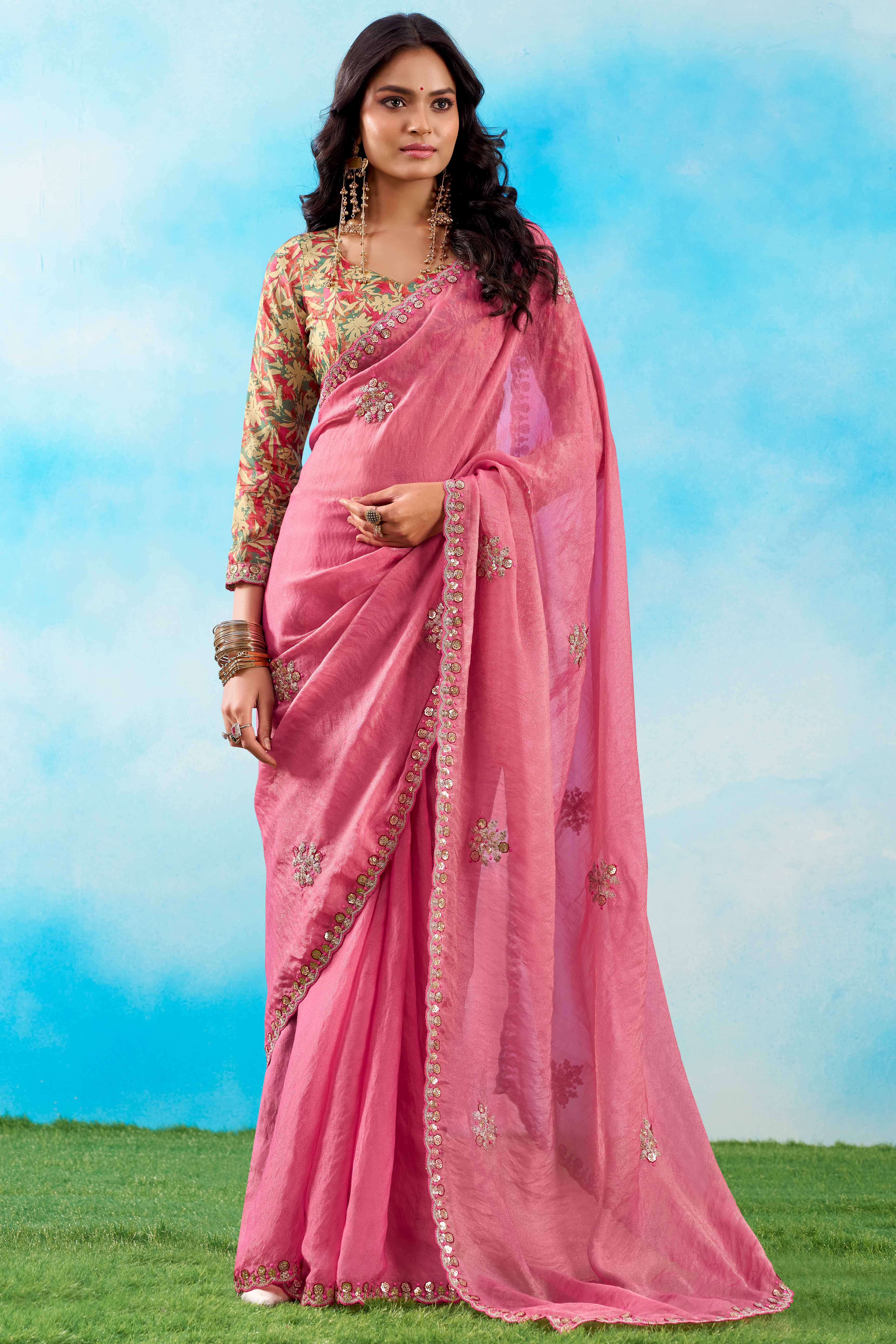 Luxurious Baby Pink Chiffon Saree Showcasing Floral Sequins Embroidery In A Two Tone Finish