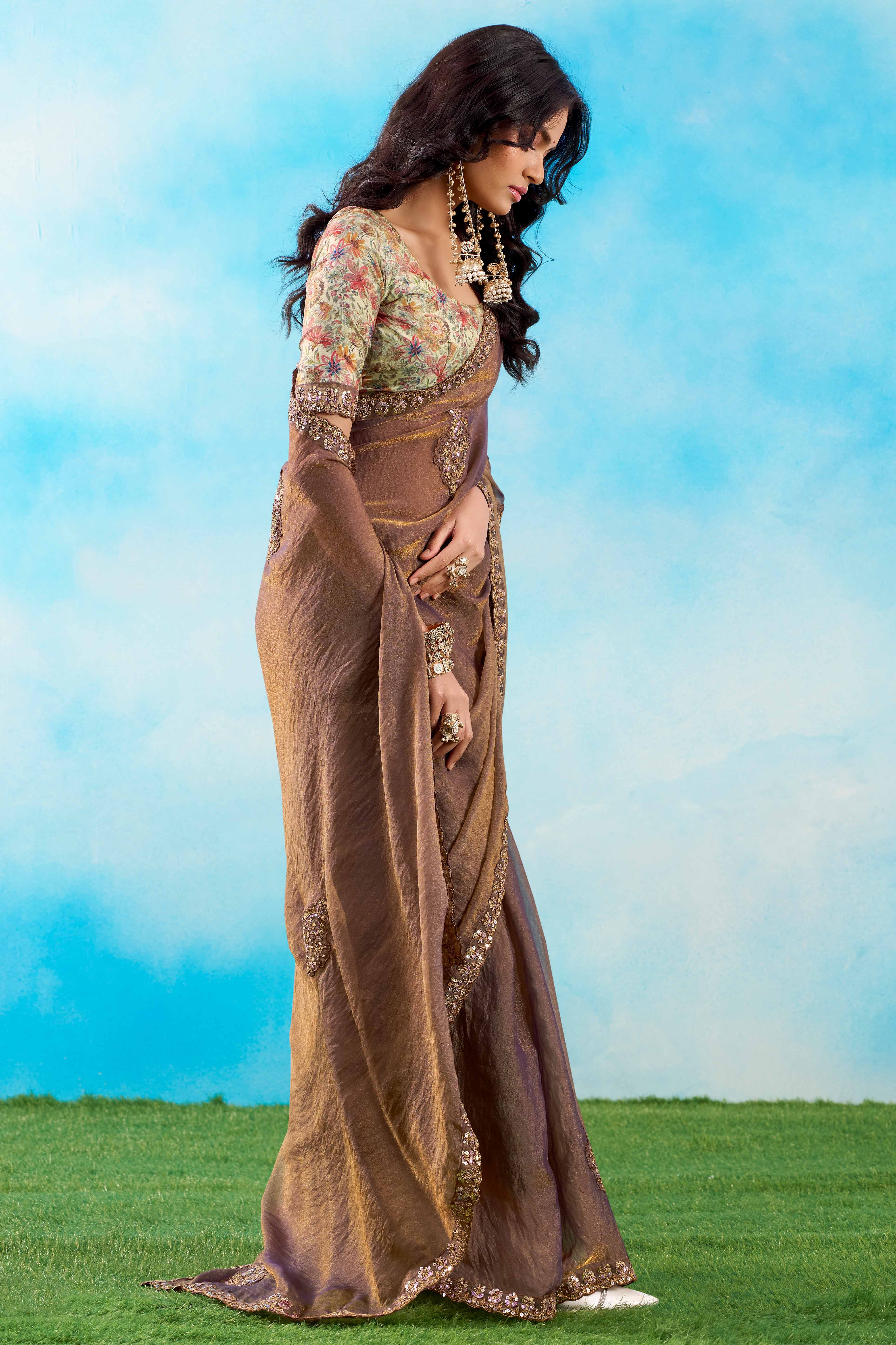Luxurious Brown Chiffon Saree Showcasing Floral Sequins Embroidery In A Two Tone Finish