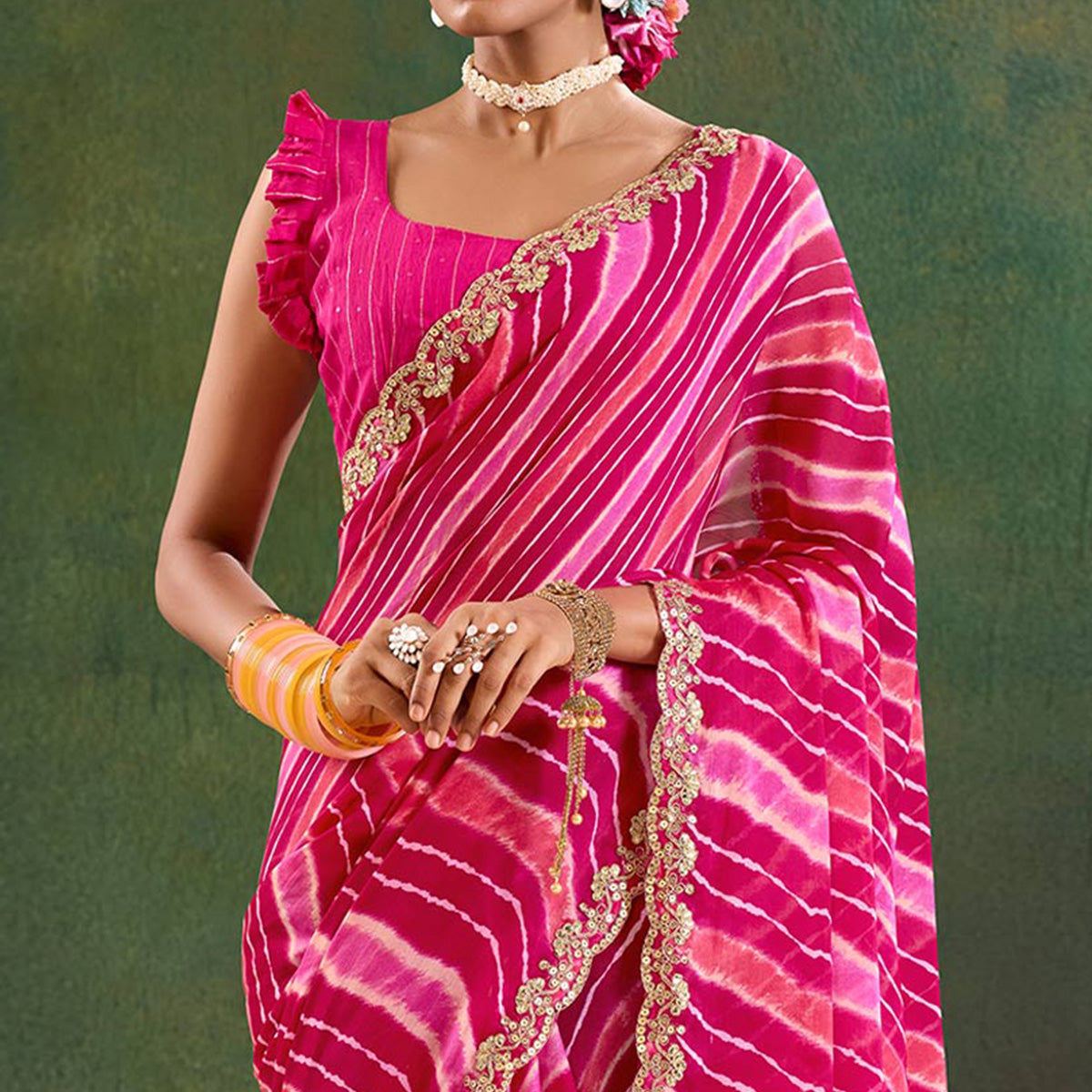 Pink Printed Chiffon Saree With Sequins Border