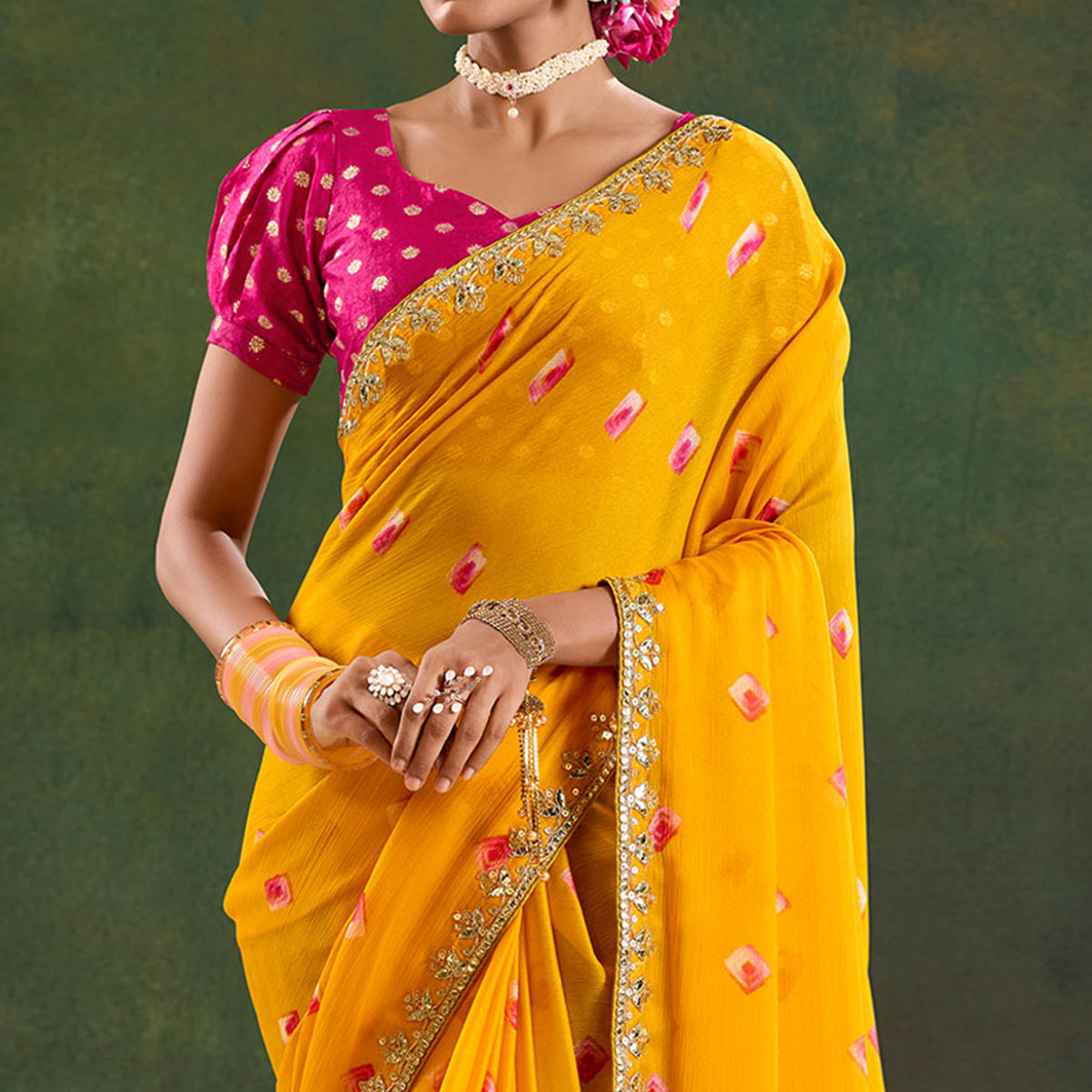 Yellow Printed Chiffon Saree With Sequins Border