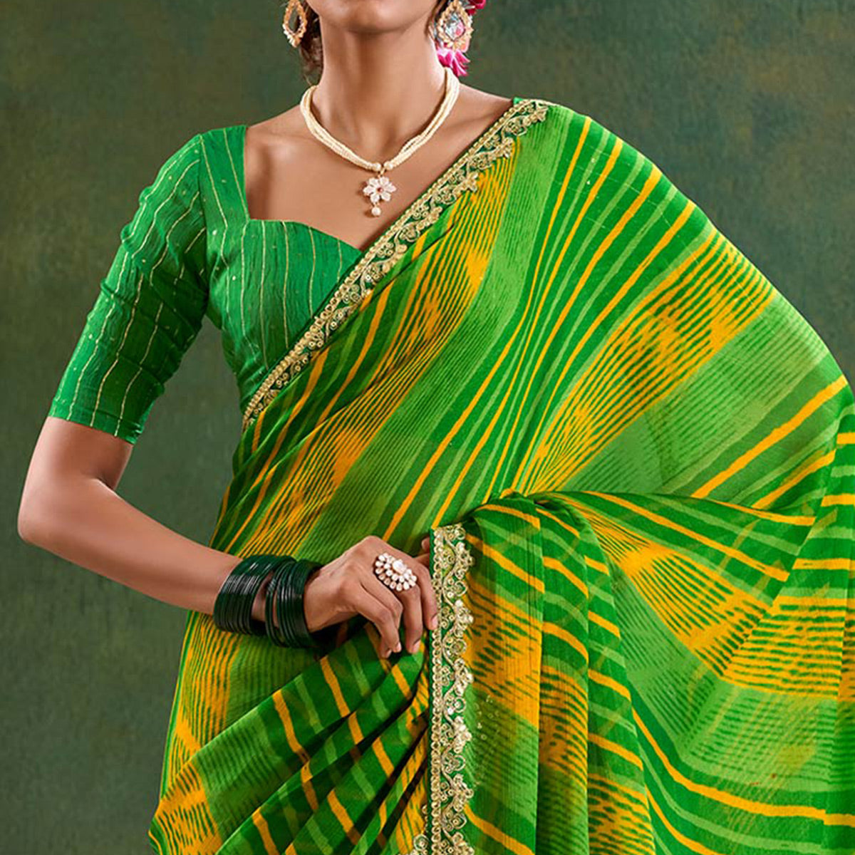 Green Printed Chiffon Saree With Sequins Border