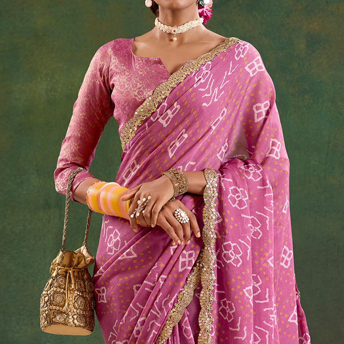 Dusty Magenta Printed Chiffon Saree With Sequins Border