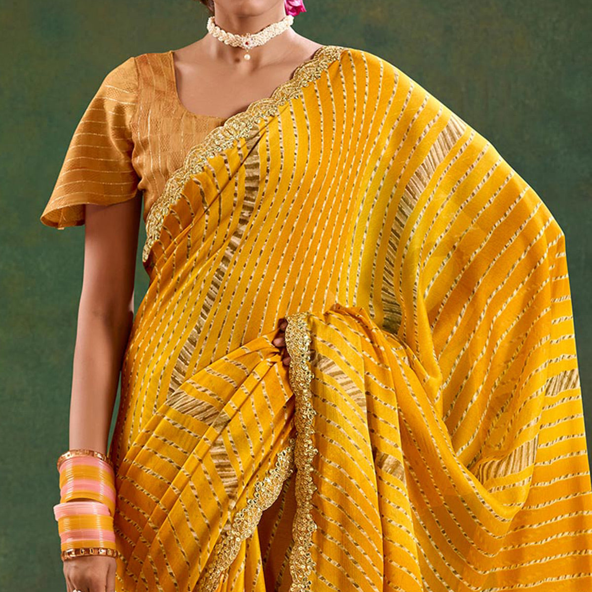 Mustard Printed Chiffon Saree With Sequins Border