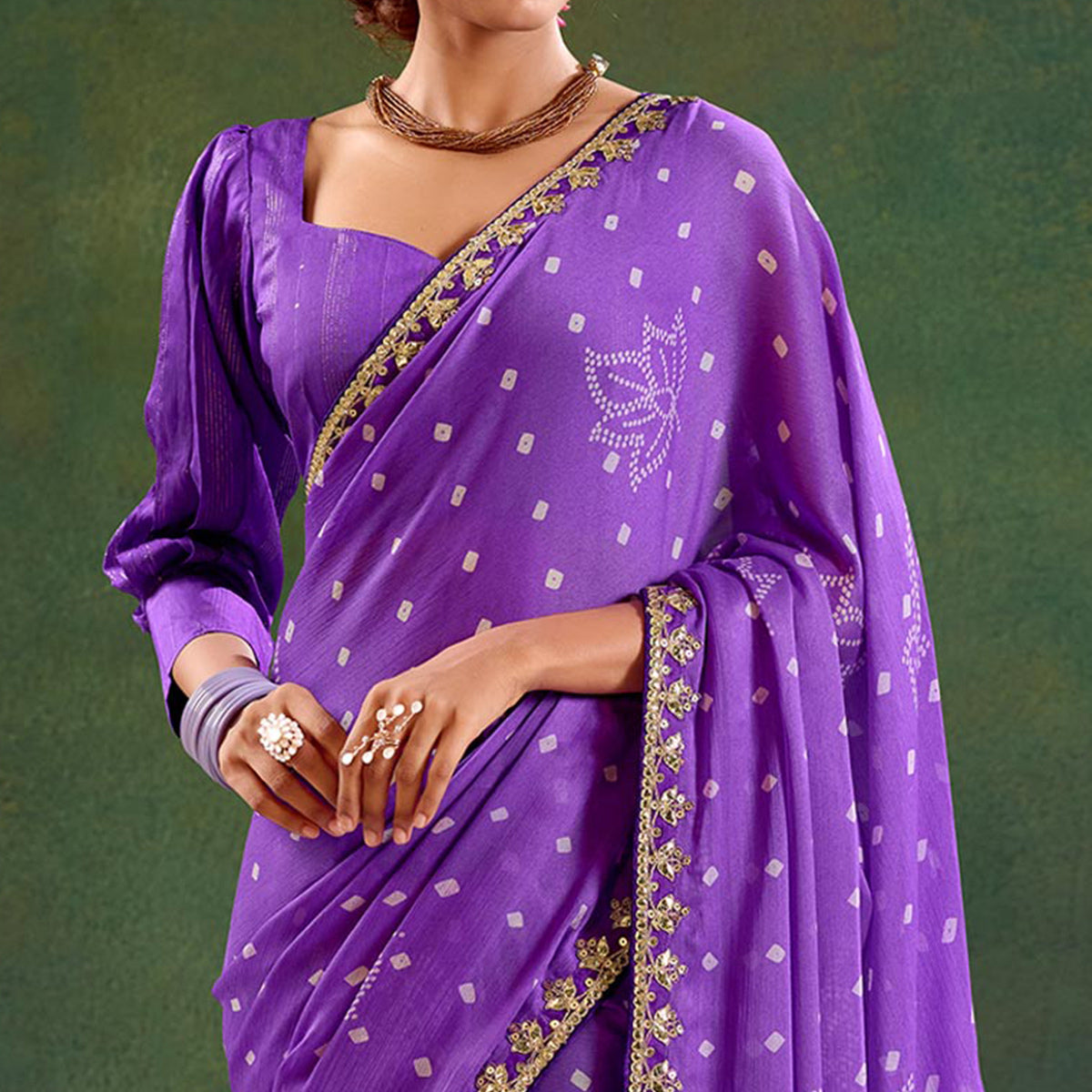 Violet Printed Chiffon Saree With Sequins Border