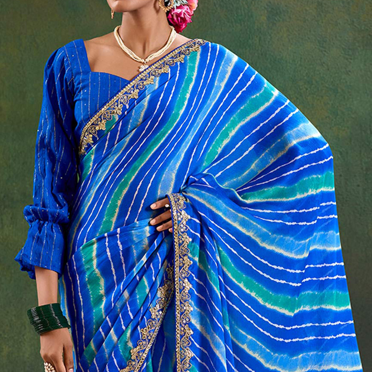 Blue Printed Chiffon Saree With Sequins Border