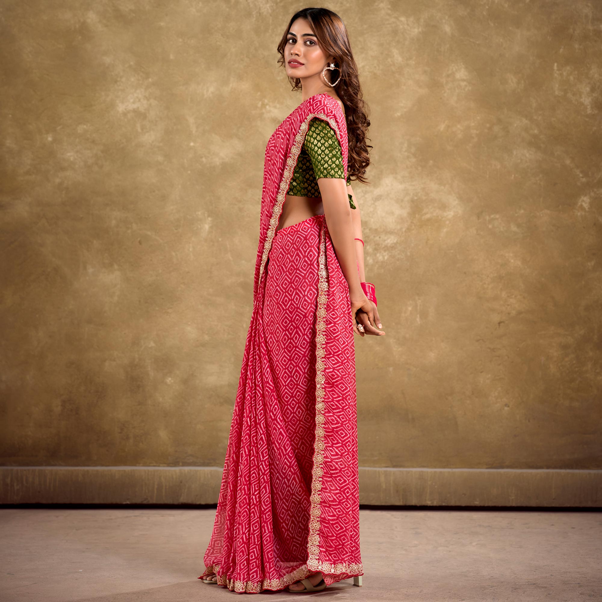 Pink Printed Chiffon Saree With Sequins Border