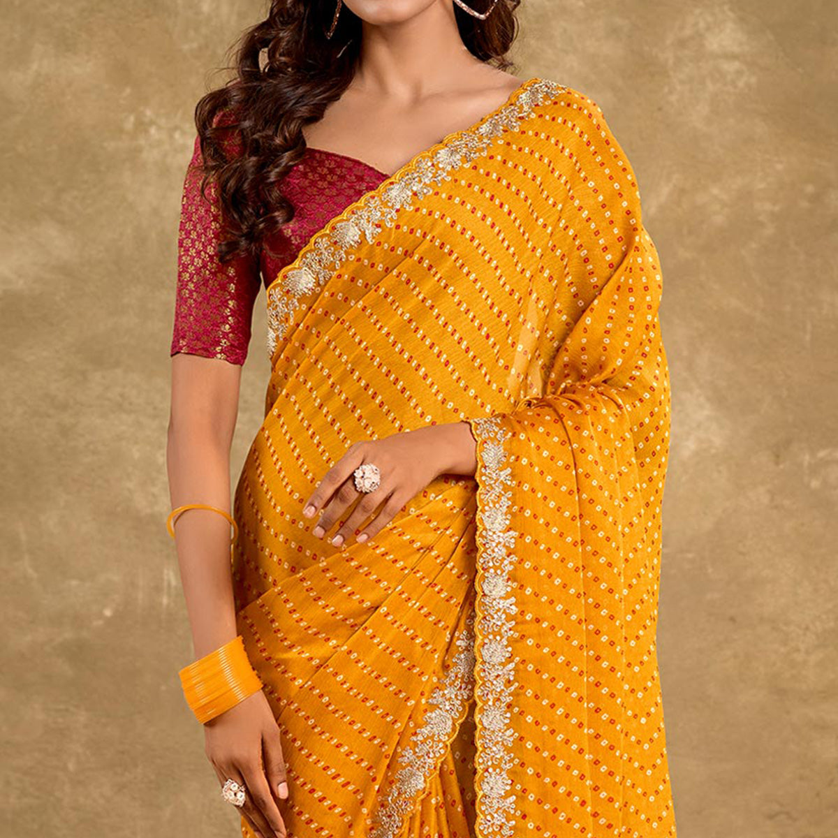 Mustard Printed Chiffon Saree With Sequins Border