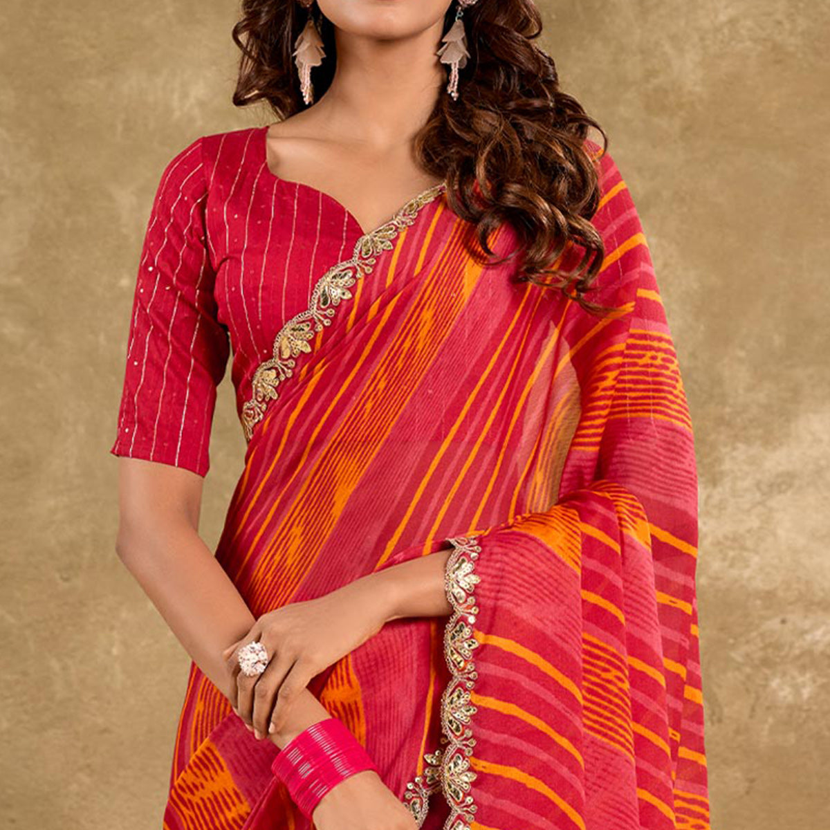 Gajri Pink Printed Chiffon Saree With Sequins Border