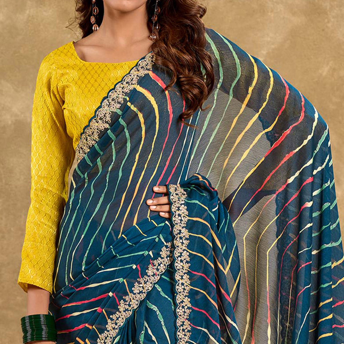 Morpich Blue Printed Chiffon Saree With Sequins Border