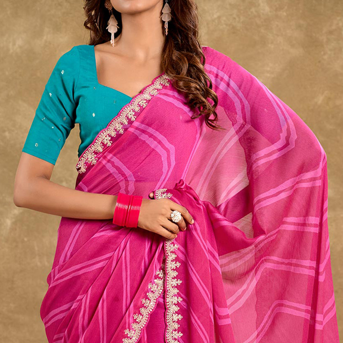 Pink Printed Chiffon Saree With Sequins Border