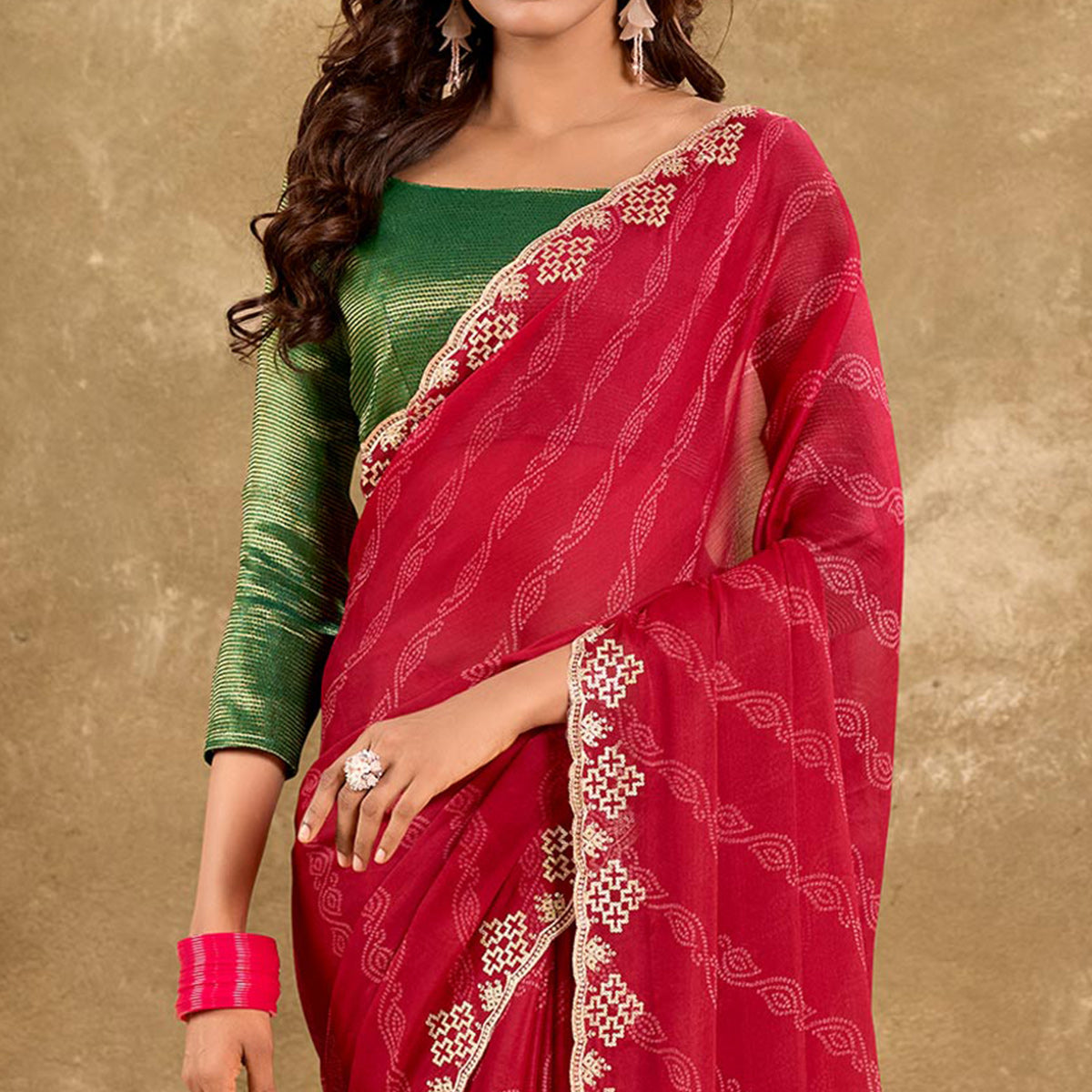 Cherry Pink Printed Chiffon Saree With Sequins Border