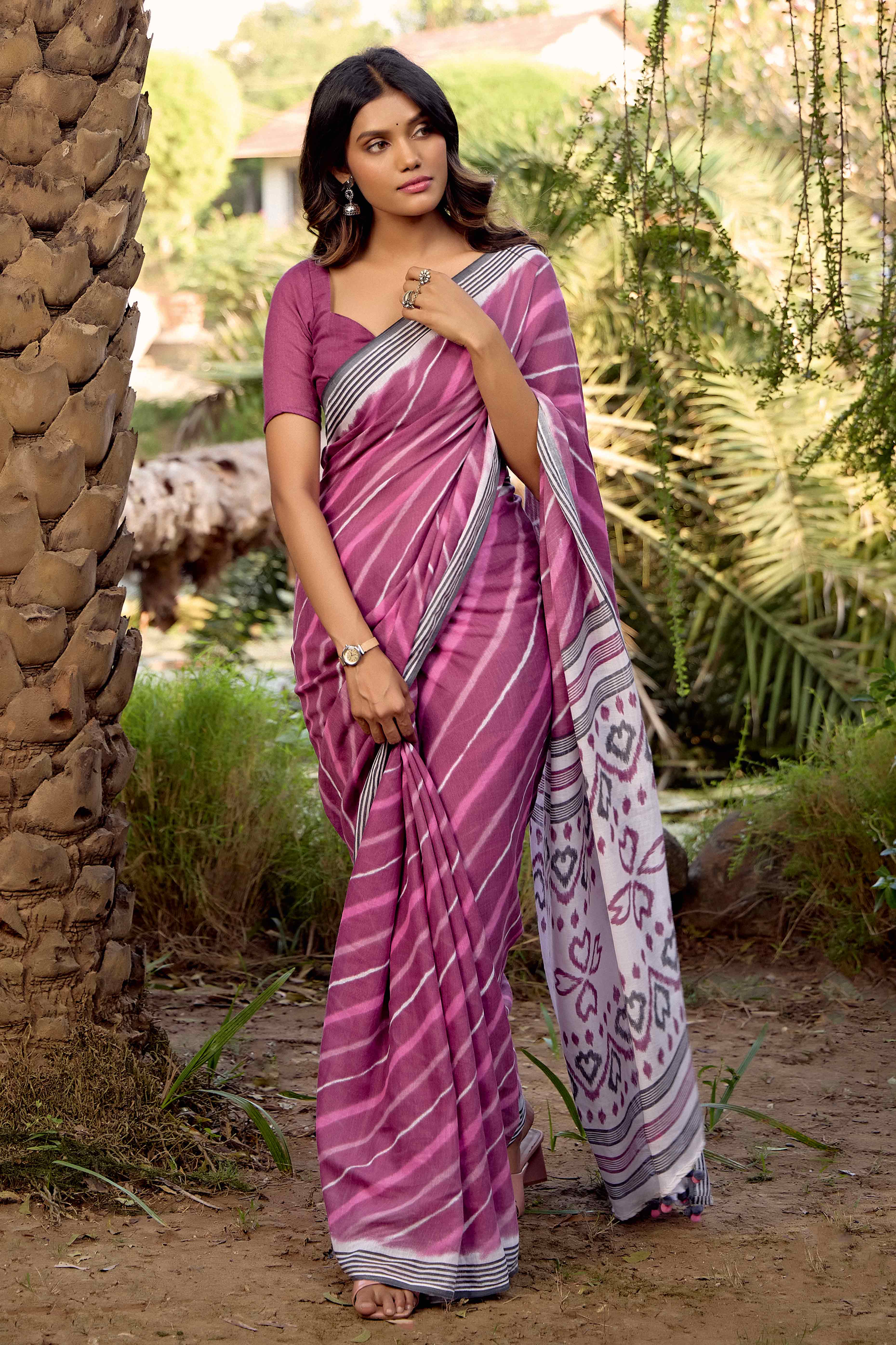 Mauve Leheriya Printed Linen Saree