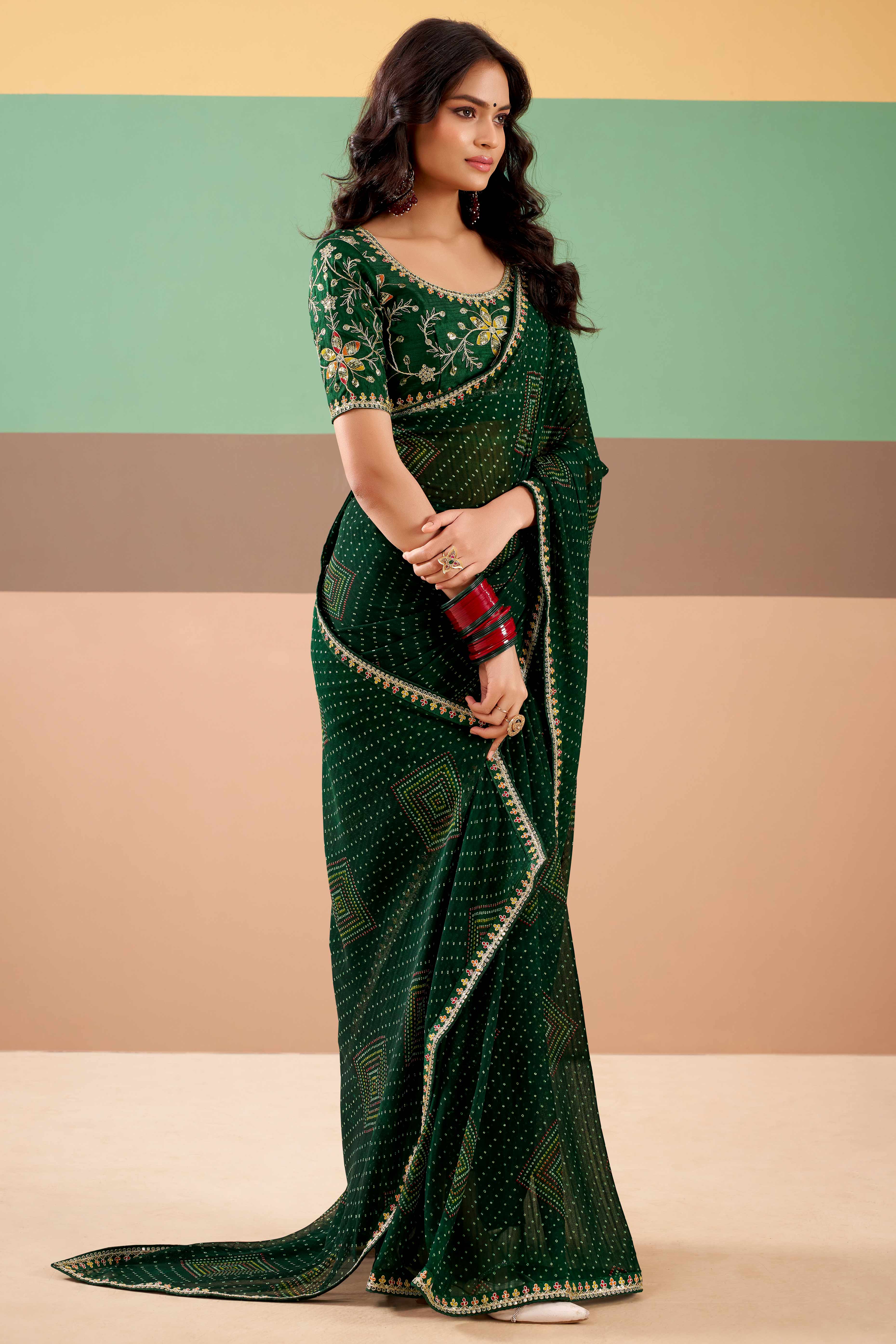 Charming Bottle Green Bandhani Printed Georgette Saree Adorned With Cording Embroidered Border