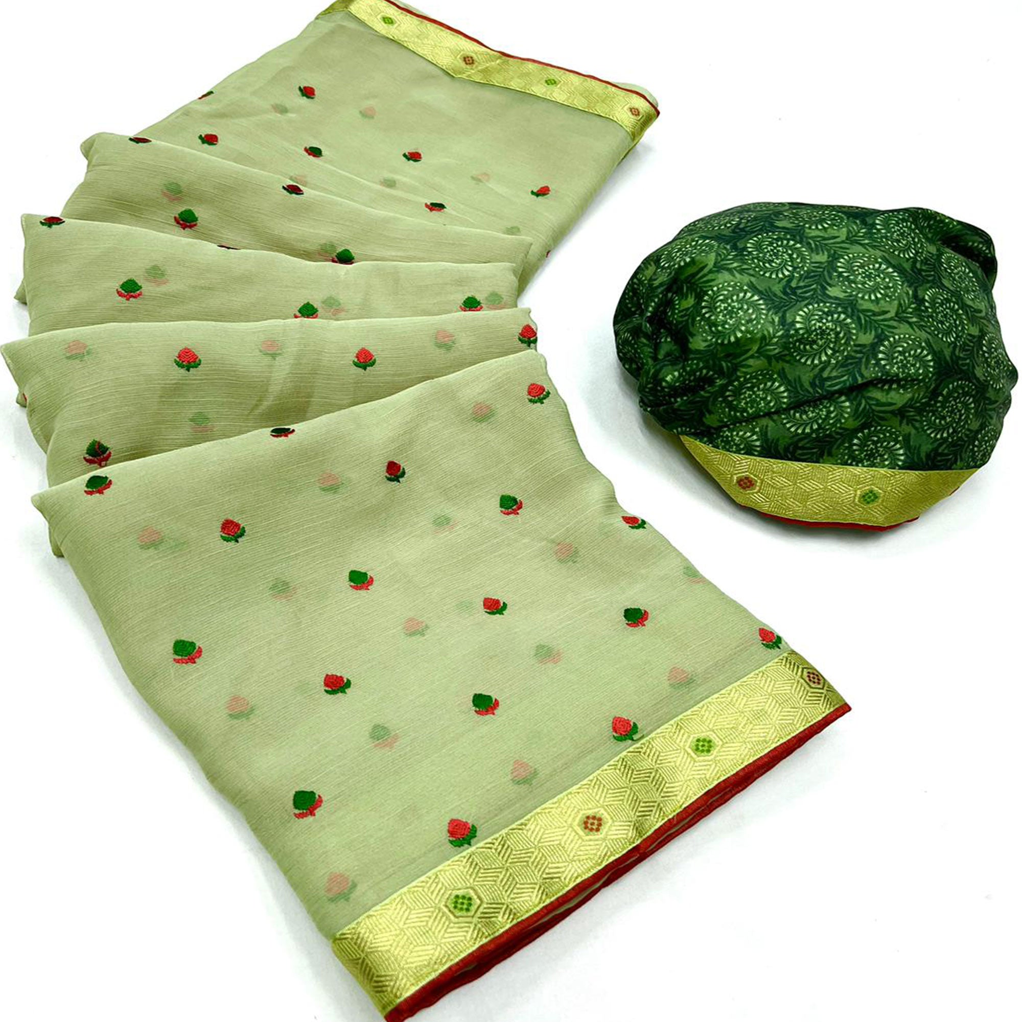 Green Floral Embroidered Chiffon Saree