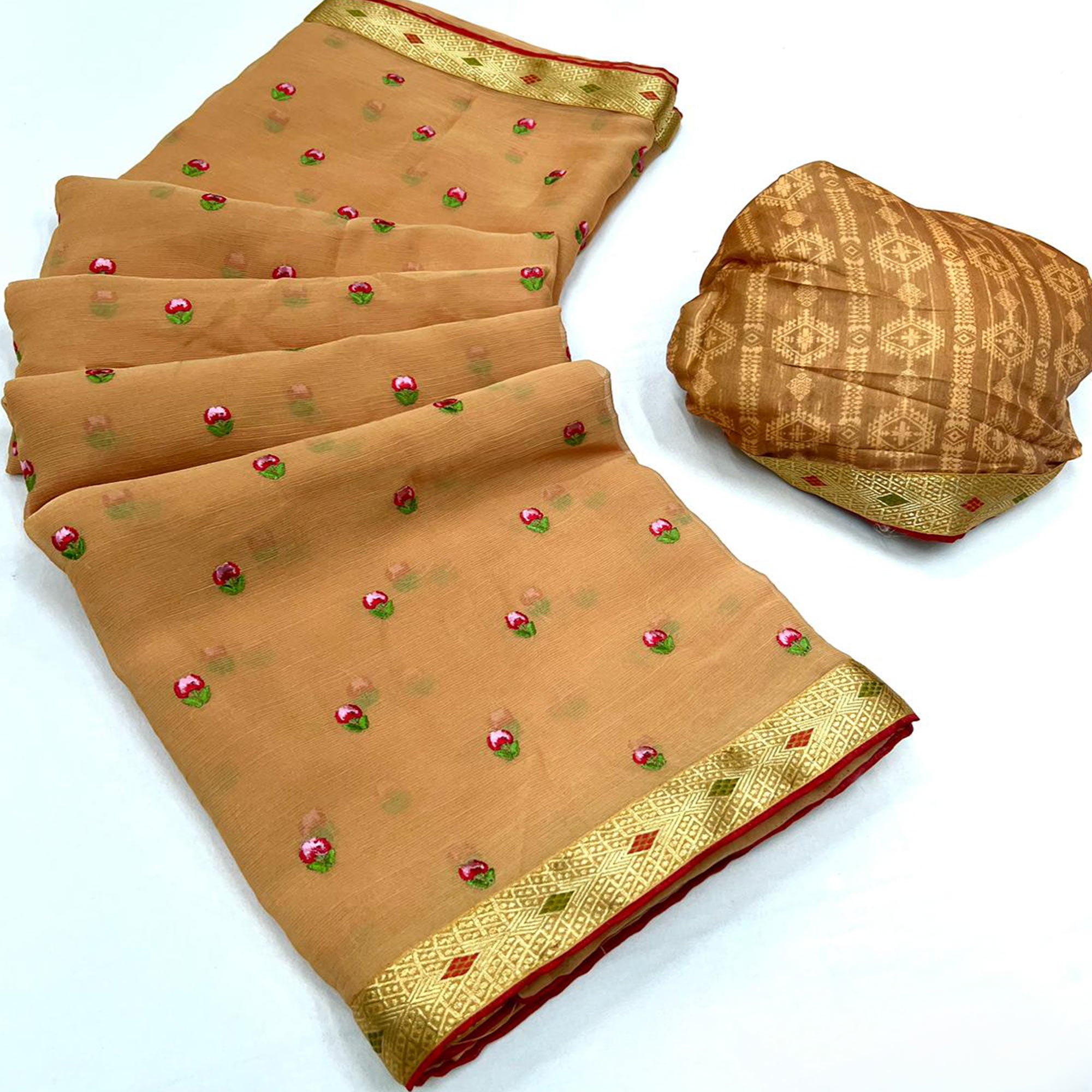 Rust Floral Embroidered Chiffon Saree