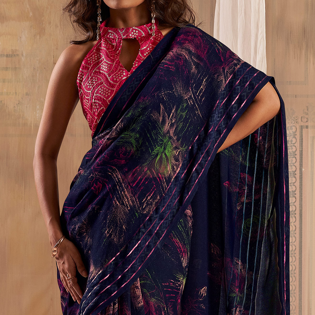 Navy Blue Floral Printed Georgette Saree