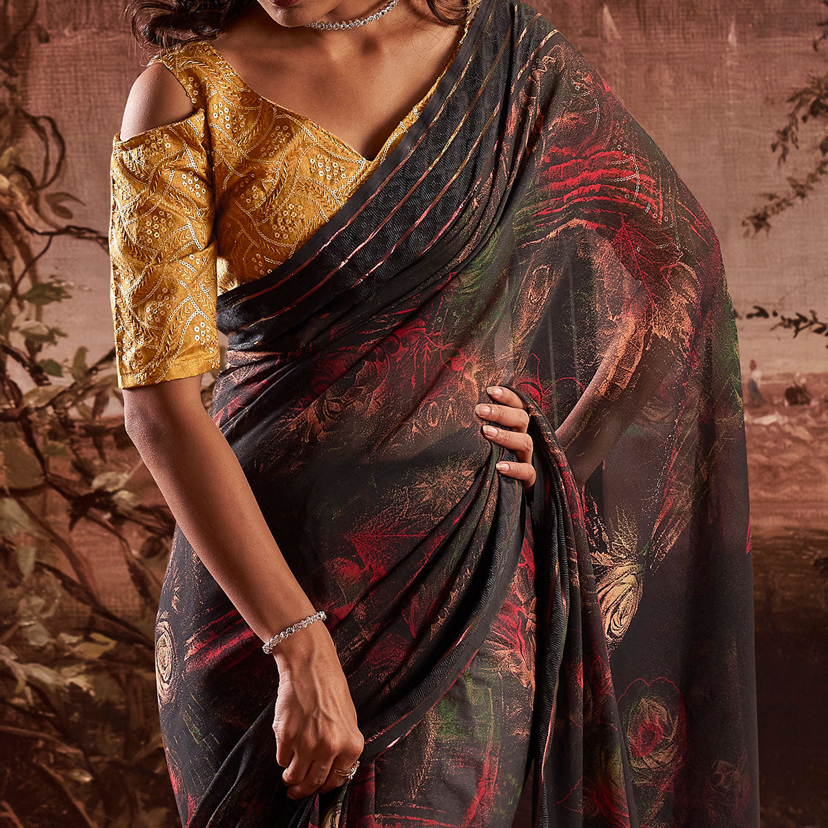 Grey Floral Printed Georgette Saree