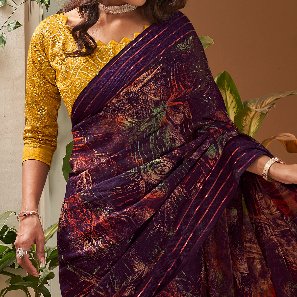 Purple Floral Printed Georgette Saree