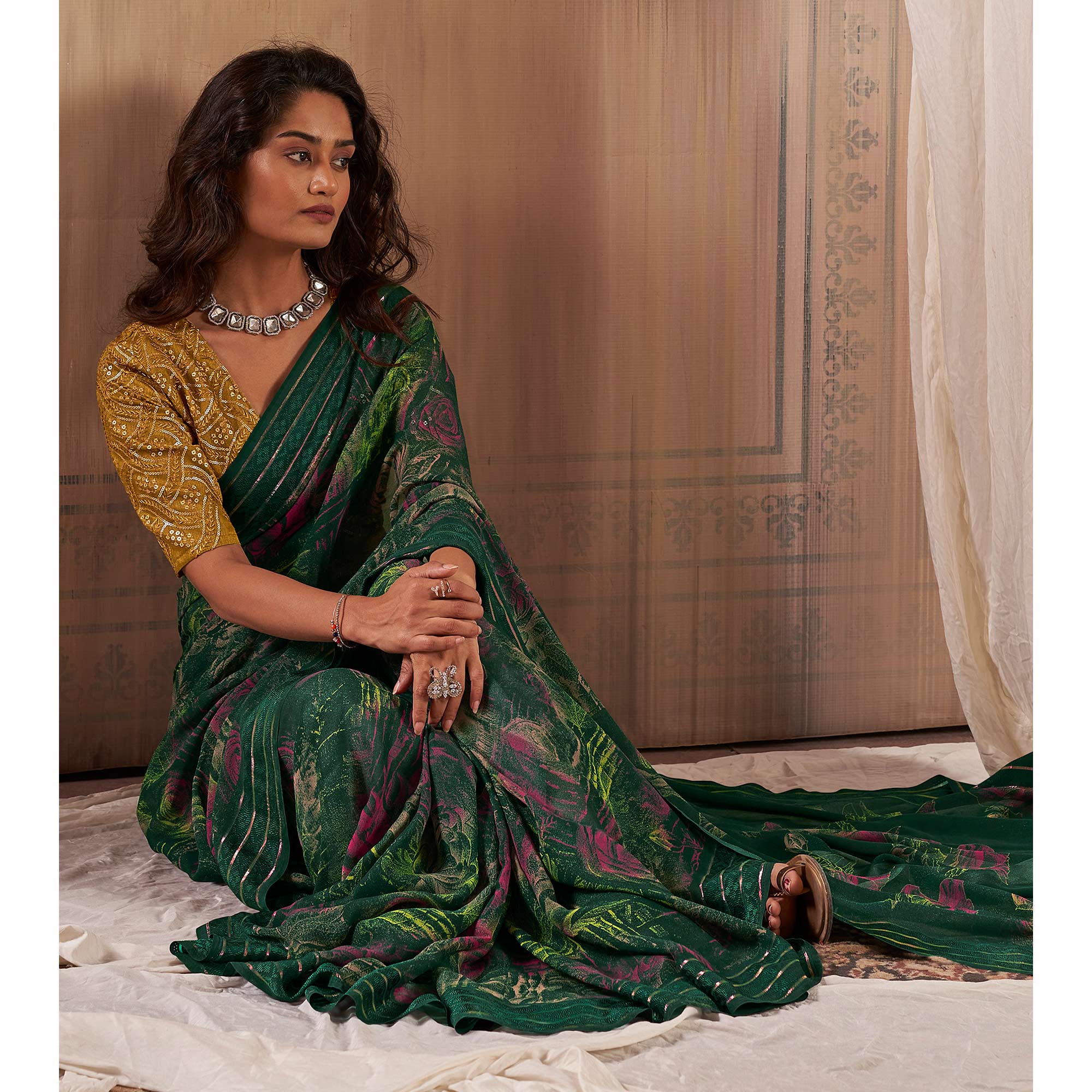 Bottle Green Floral Printed Georgette Saree