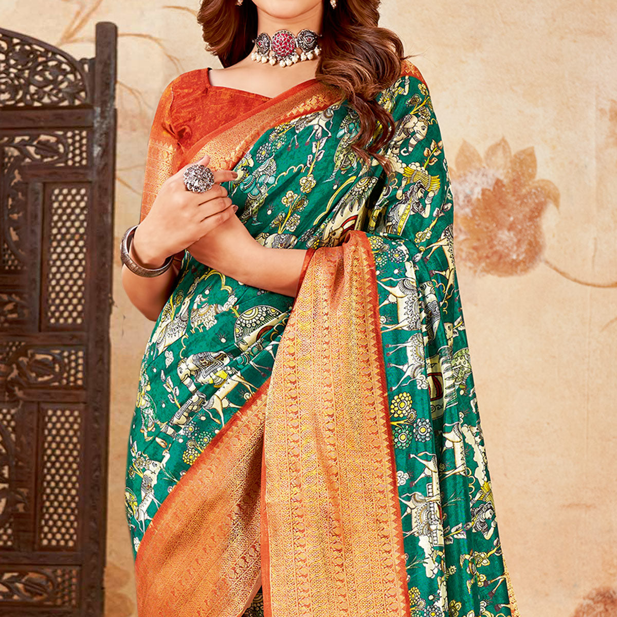 Rama Green Printed Cotton Silk Saree With Jacquard Border