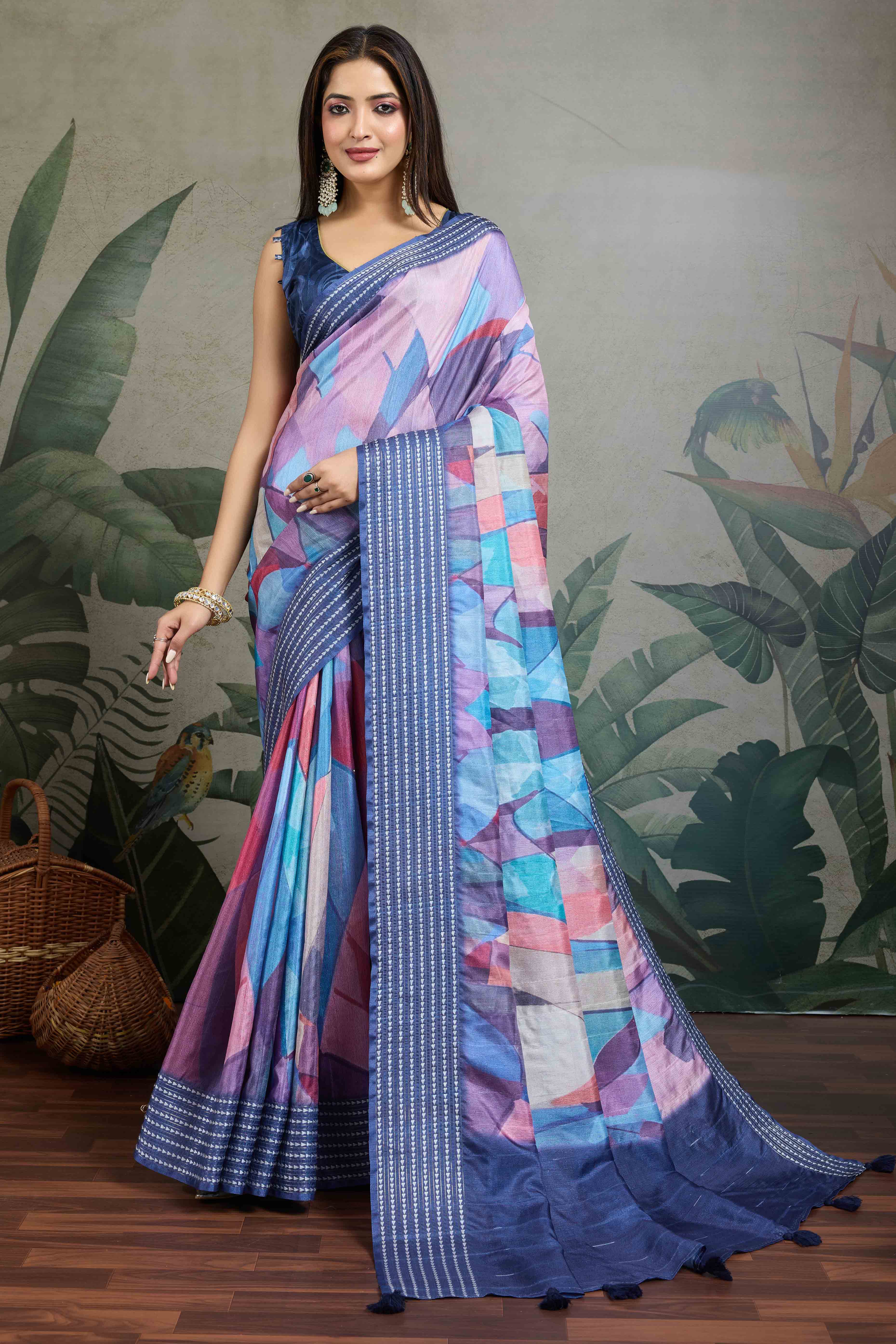 Blue Silk Blend Saree with Geometric Print