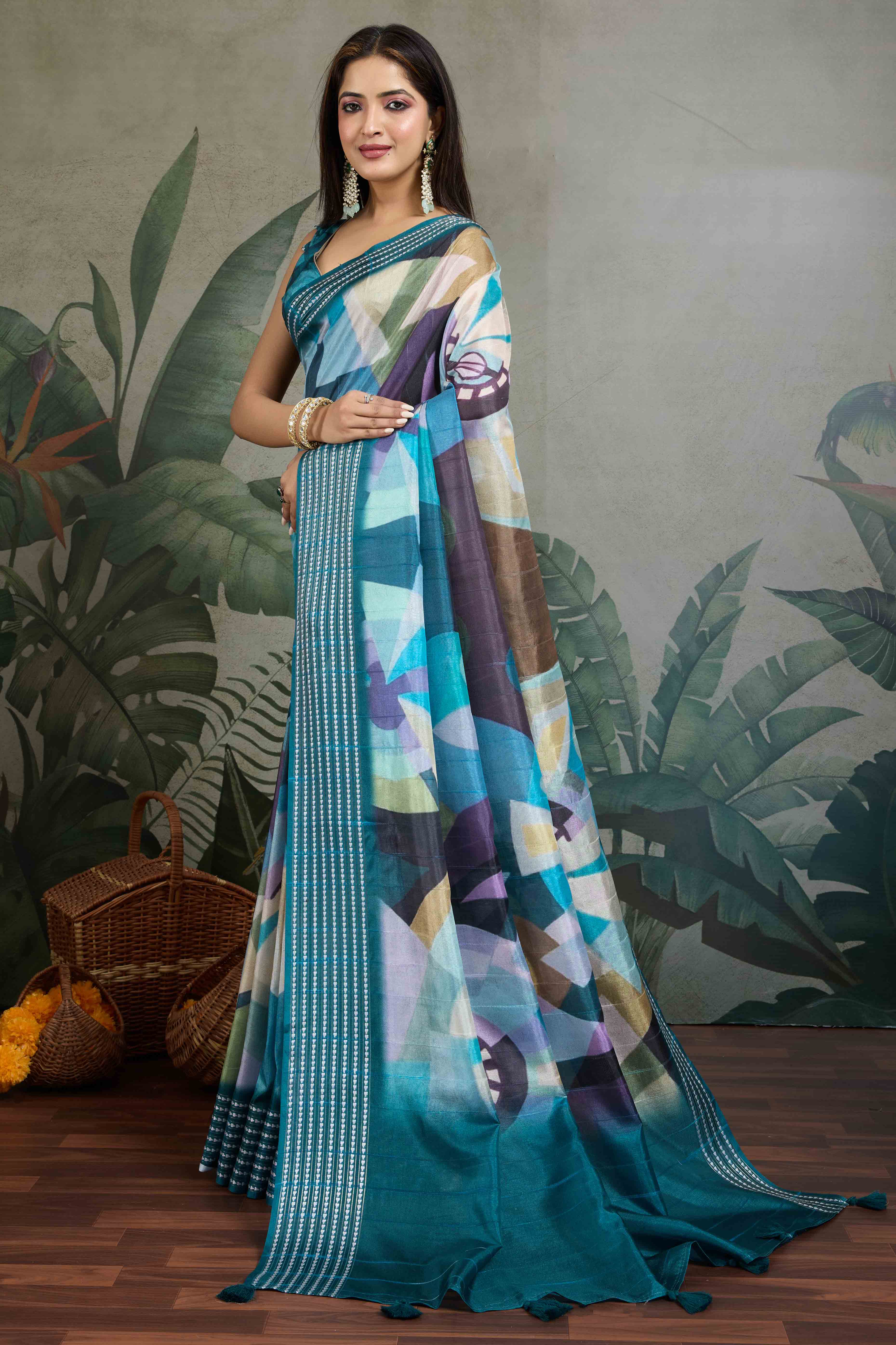 Teal Silk Blend Saree with Geometric Print