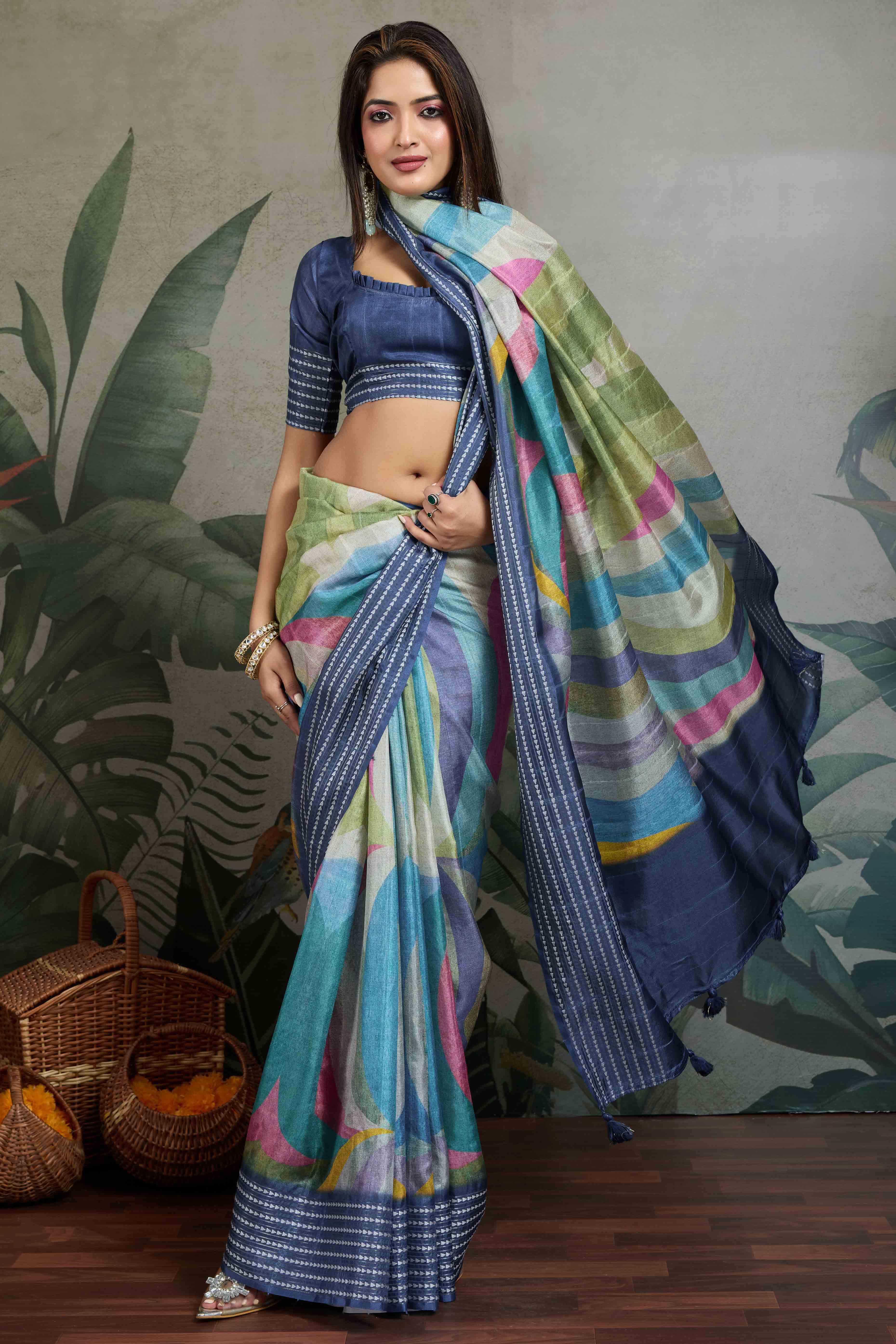 Blue Silk Blend Saree with Geometric Print