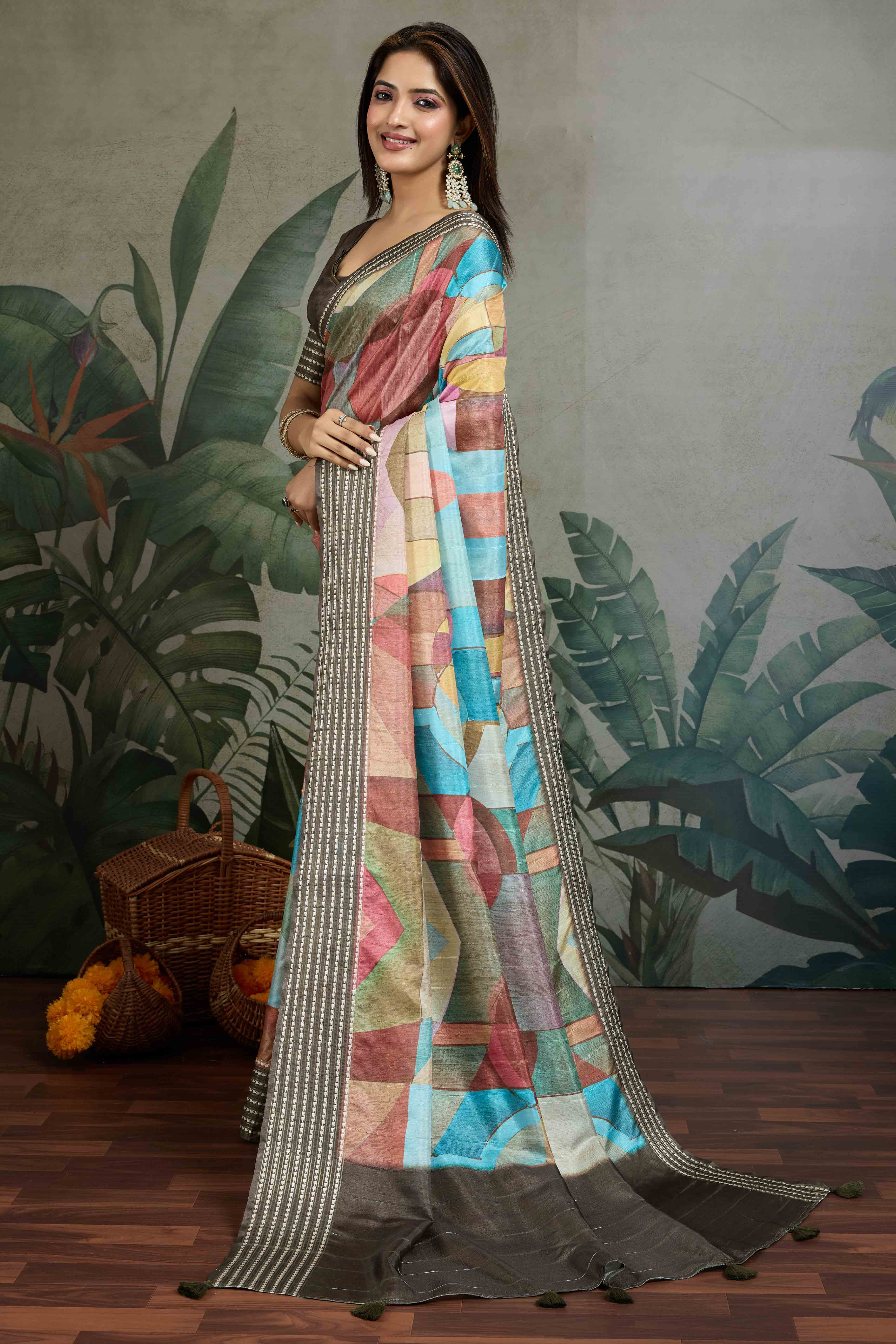 Brown Silk Blend Saree with Geometric Print