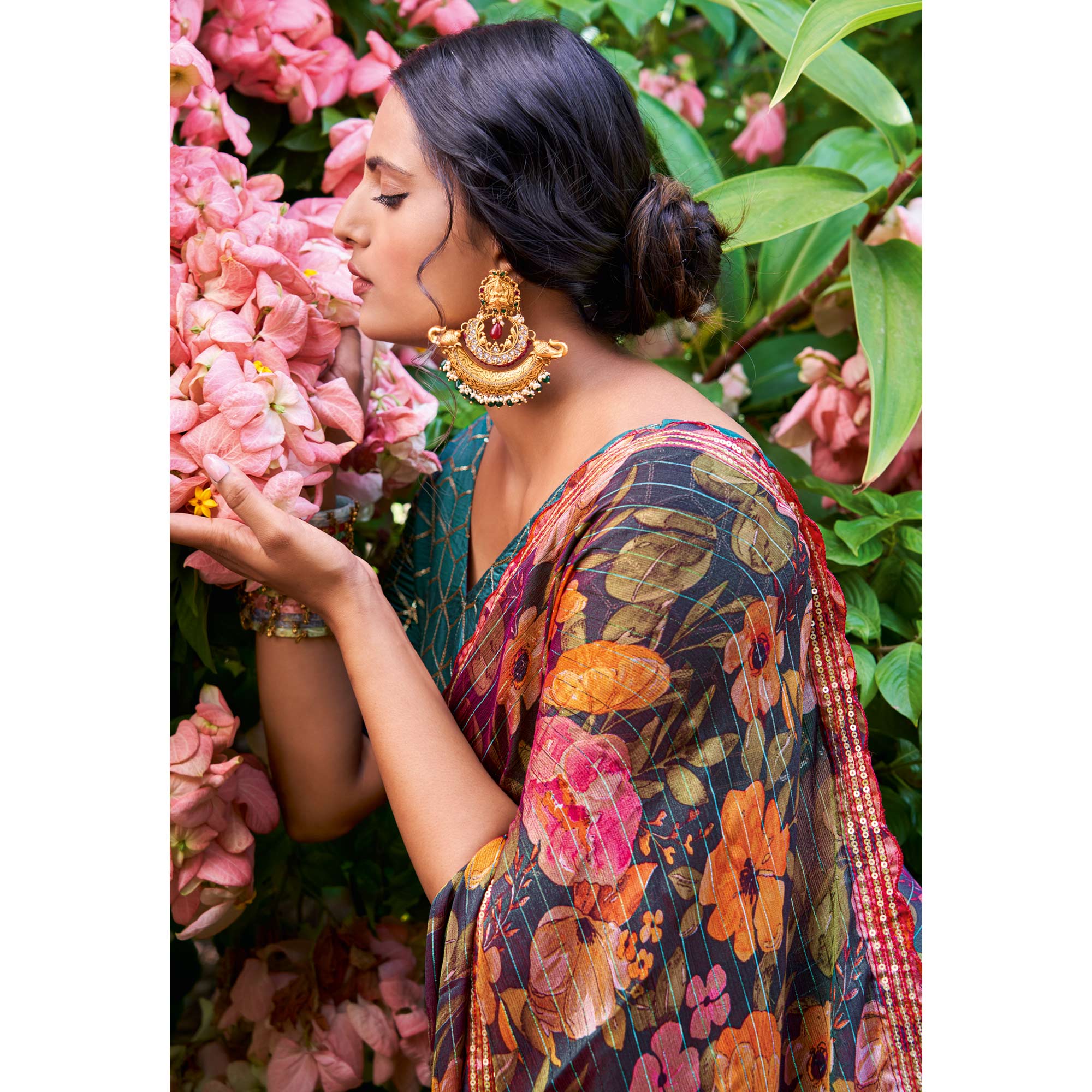 Dark Teal Floral Printed Chiffon Saree With Zari Work