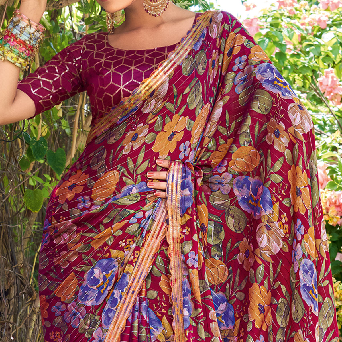 Magenta Floral Printed Chiffon Saree With Zari Work