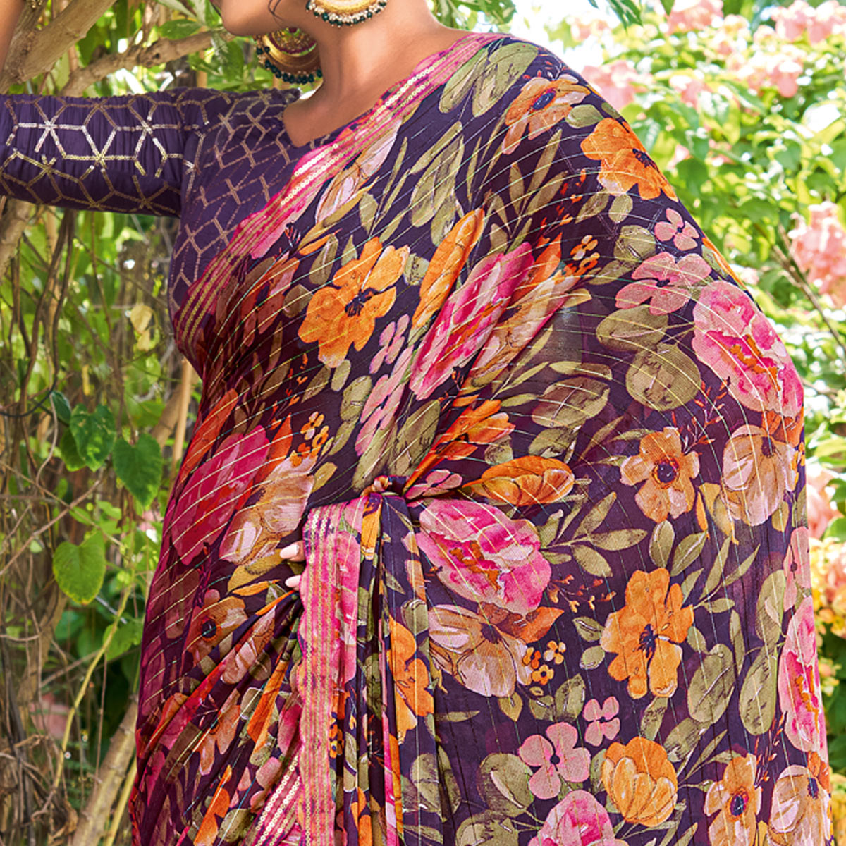 Wine Floral Printed Chiffon Saree With Zari Work