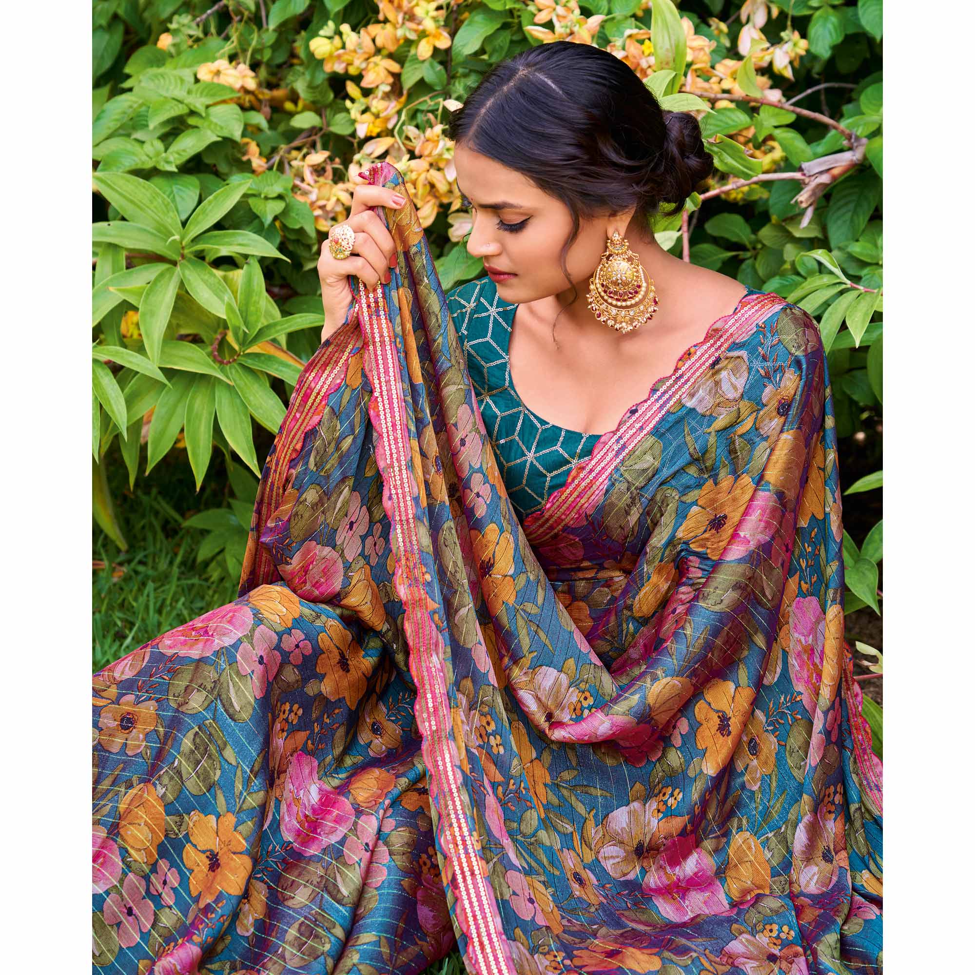 Teal Floral Printed Chiffon Saree With Zari Work