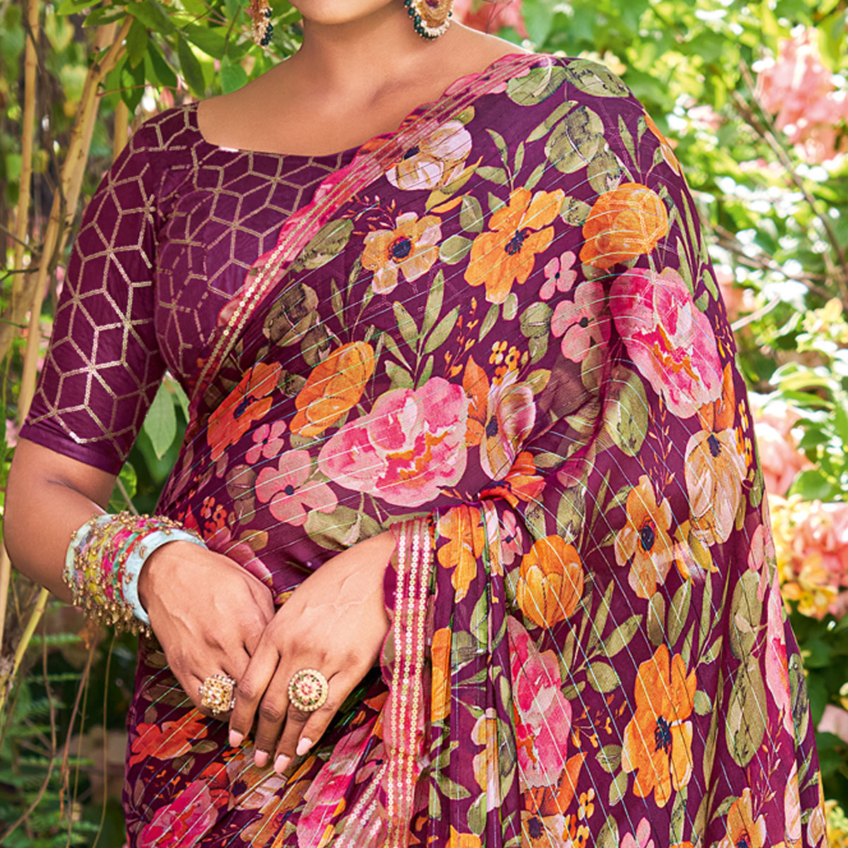 Purple Floral Printed Chiffon Saree With Zari Work