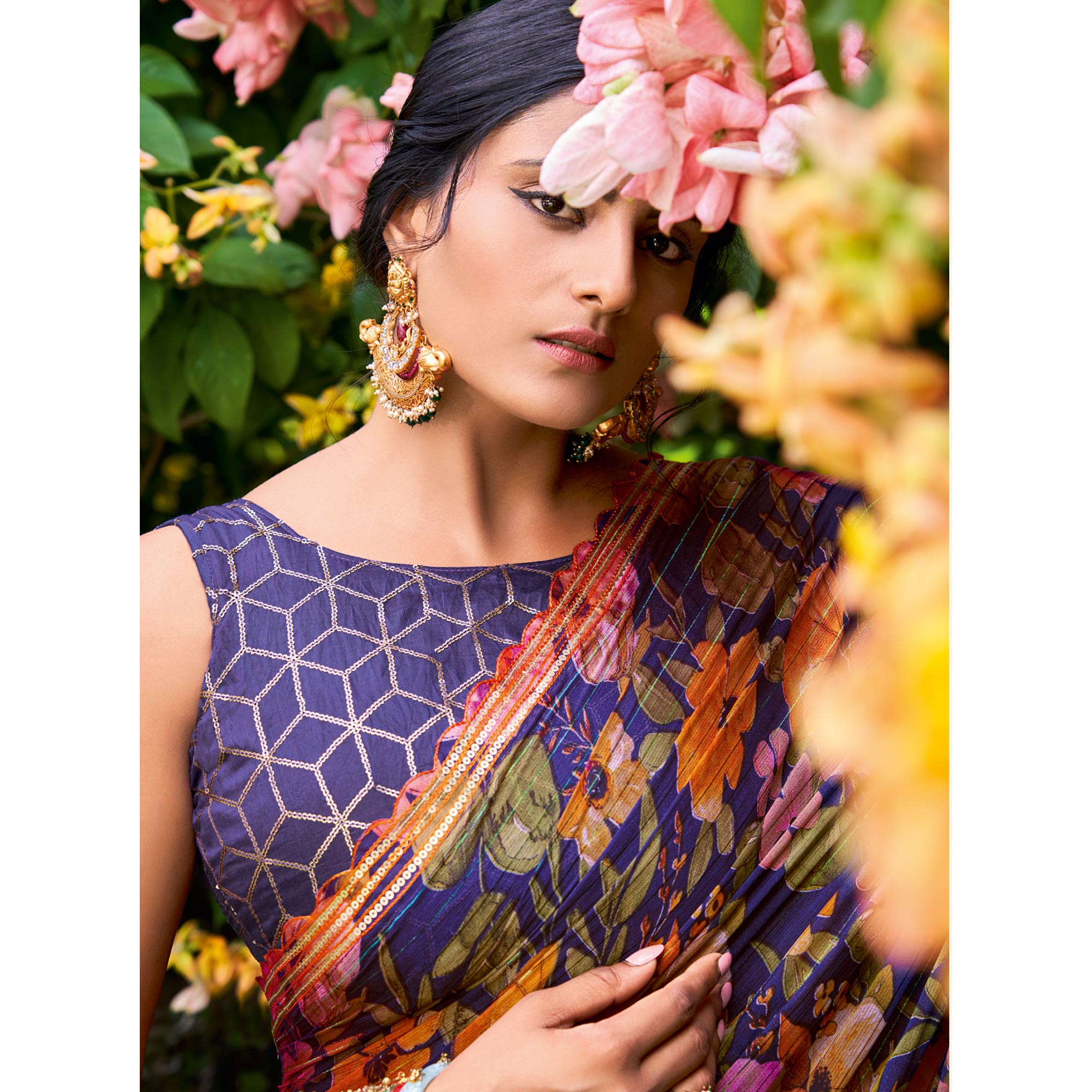 Blue Floral Printed Chiffon Saree With Zari Work