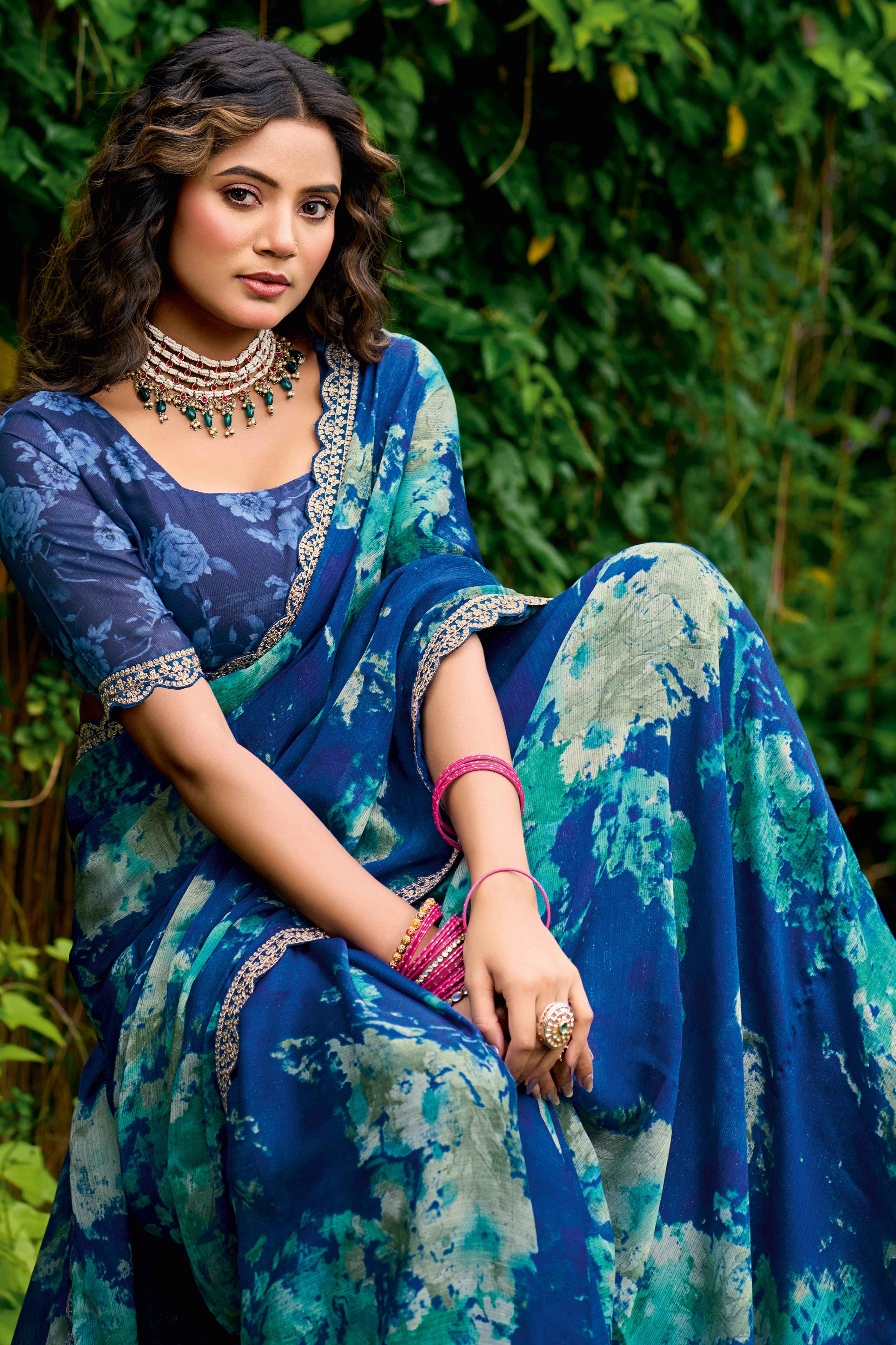 Blue Floral Chiffon Saree Enhanced with Fine Embroidery on the Border