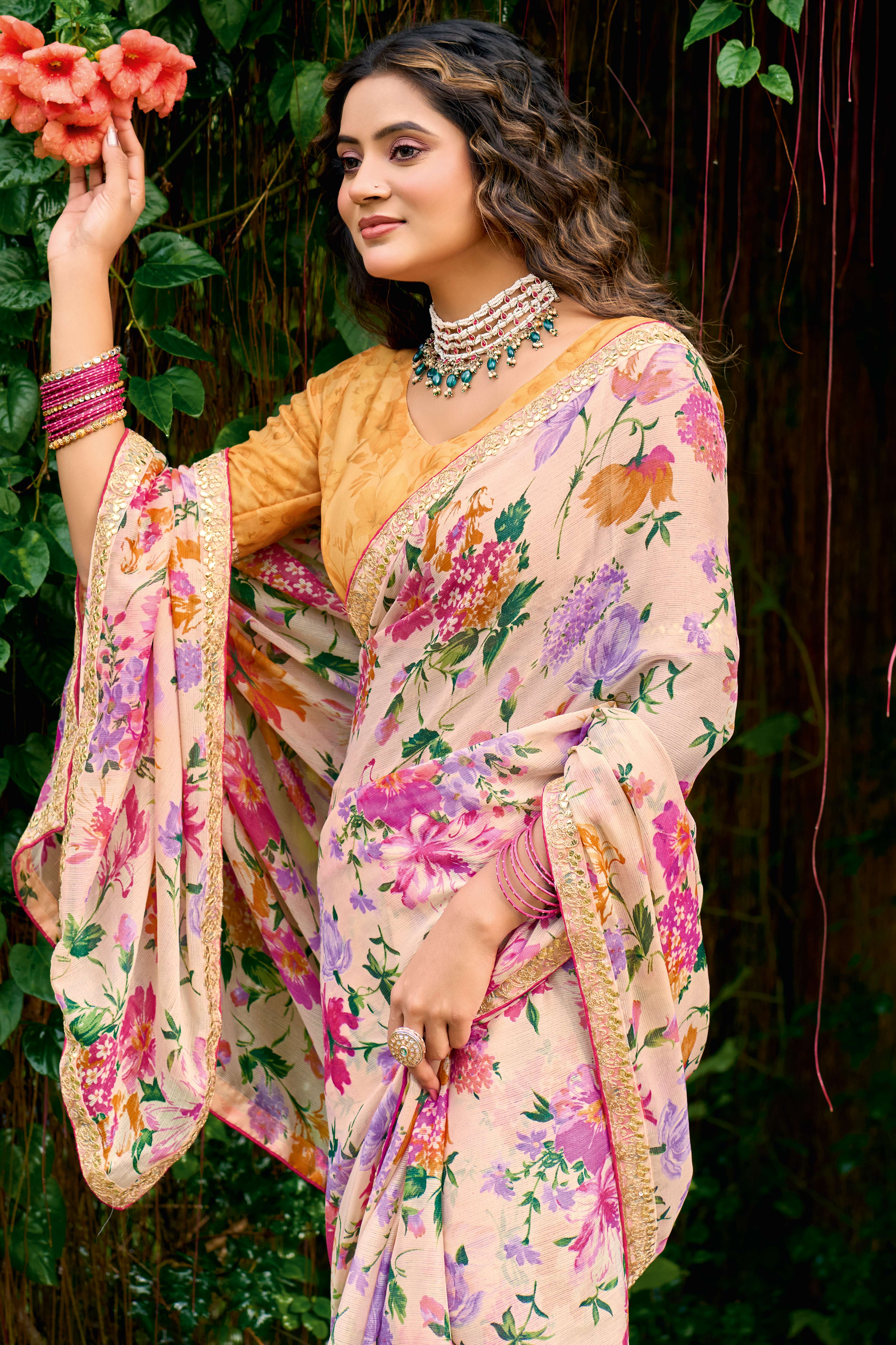Beige Floral Chiffon Saree Enhanced with Fine Embroidery on the Border