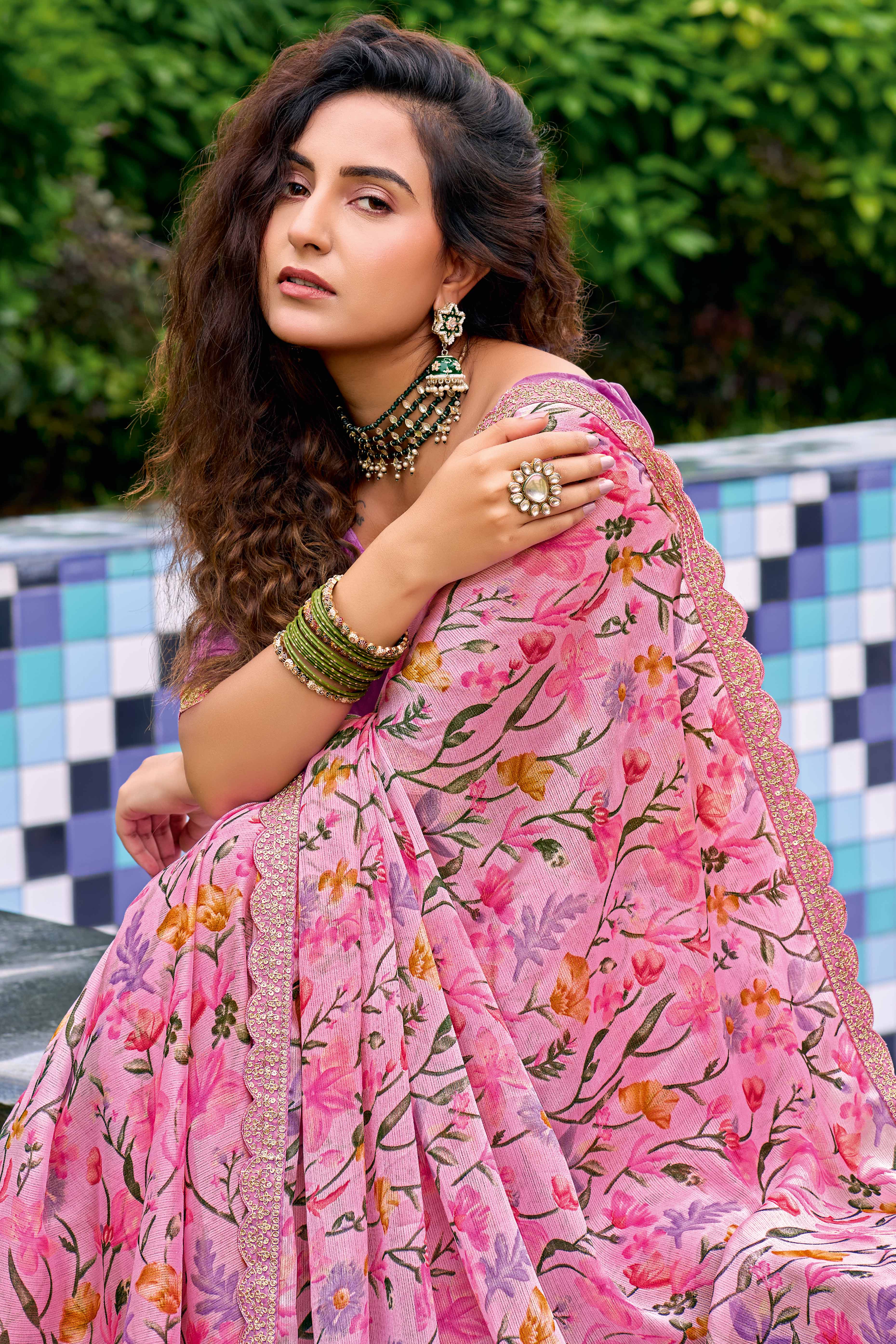 Pink Floral Chiffon Saree Enhanced with Fine Embroidery on the Border