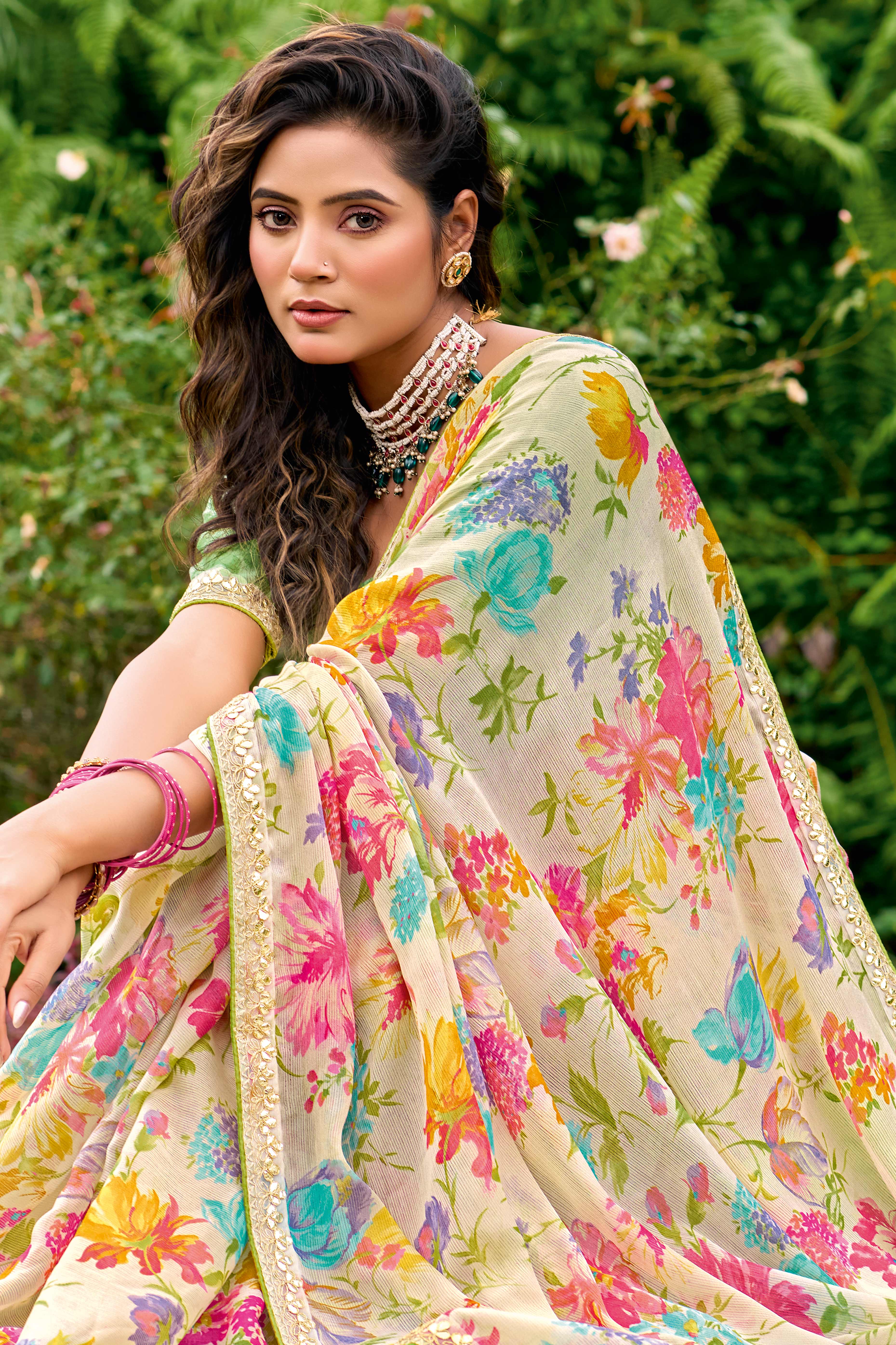 Beige Floral Chiffon Saree Enhanced with Embroidery on the Border