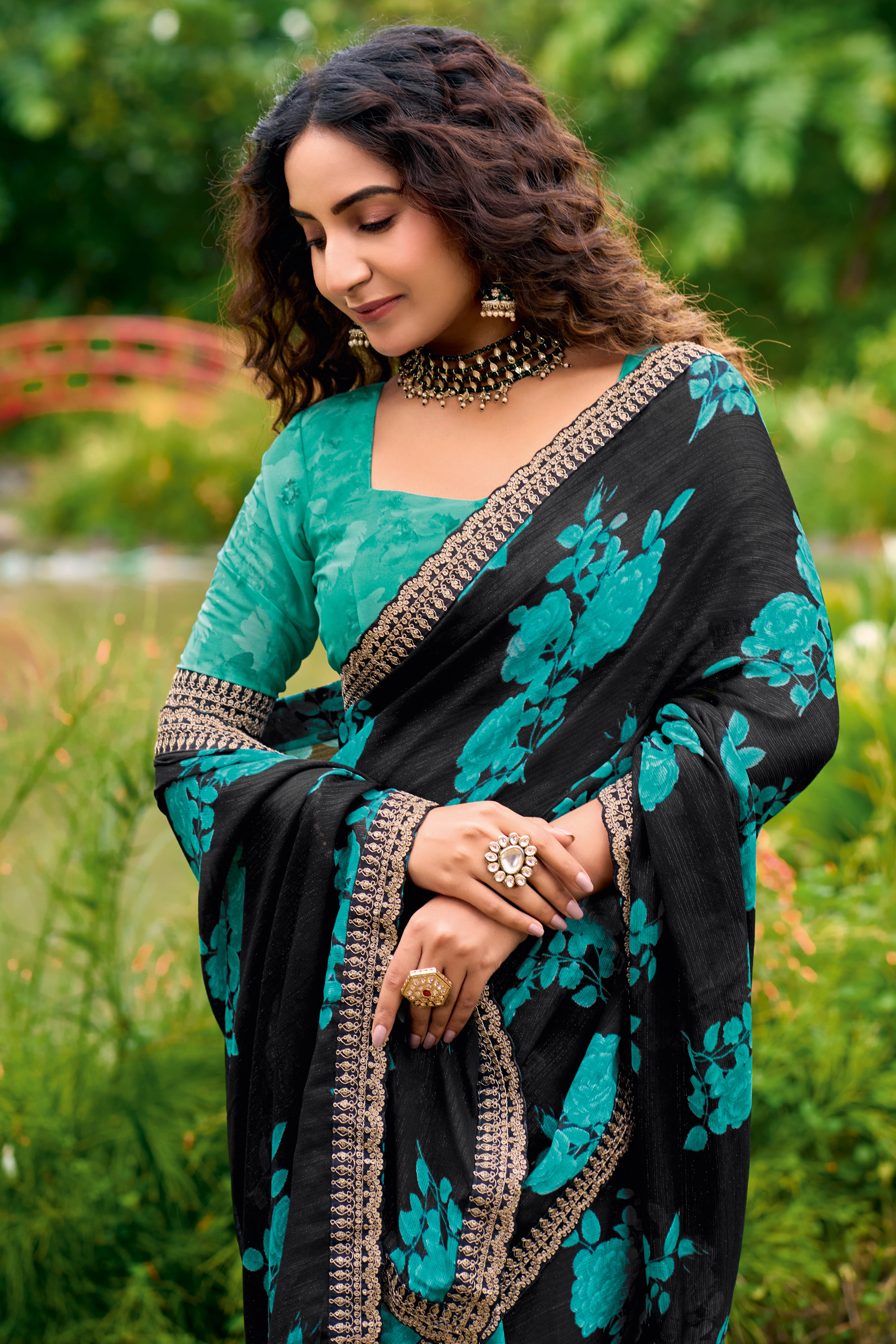 Black Floral Chiffon Saree Enhanced Fine Embroidery on the Border